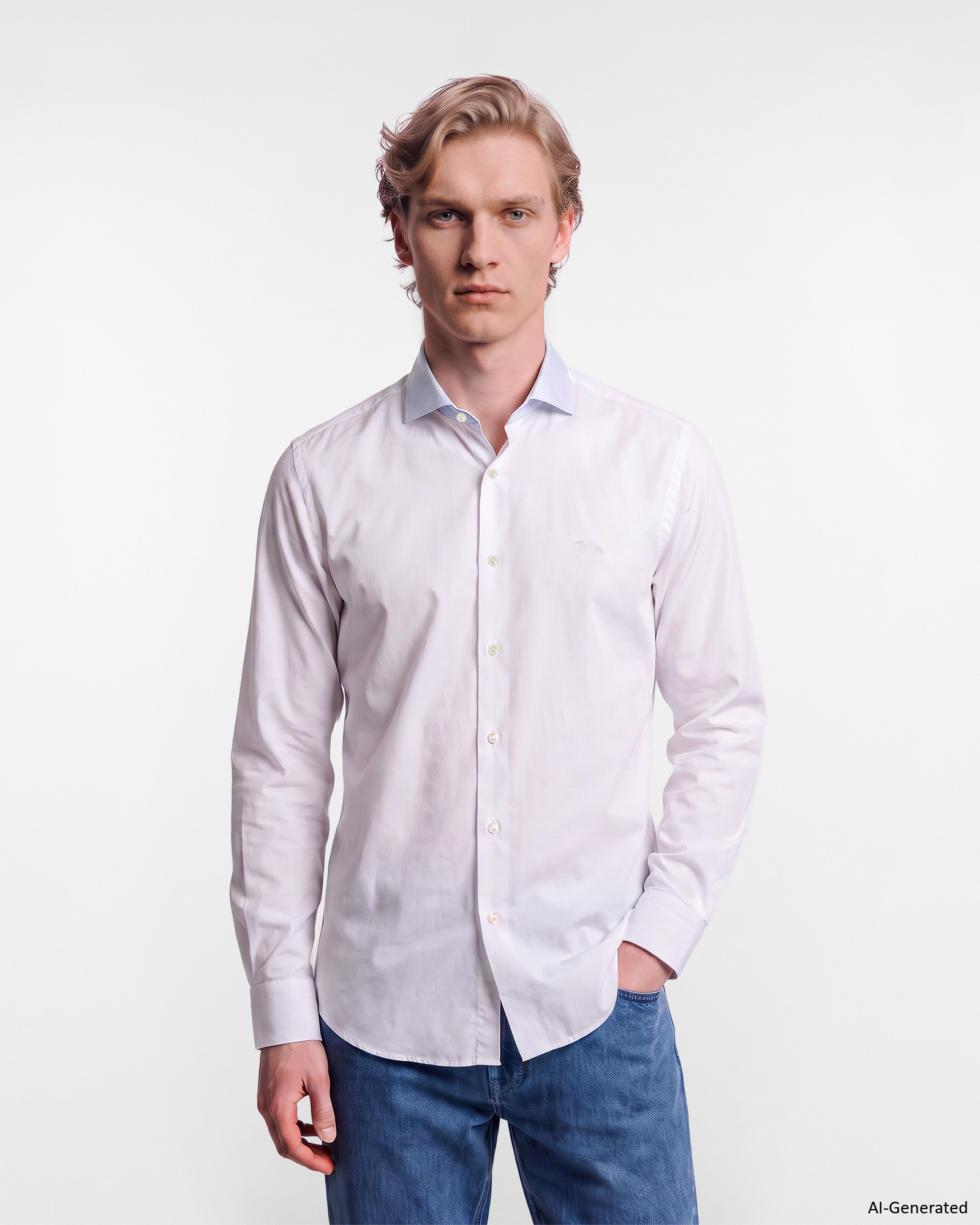 Men's narrow-fit solid white shirt in stretch poplin