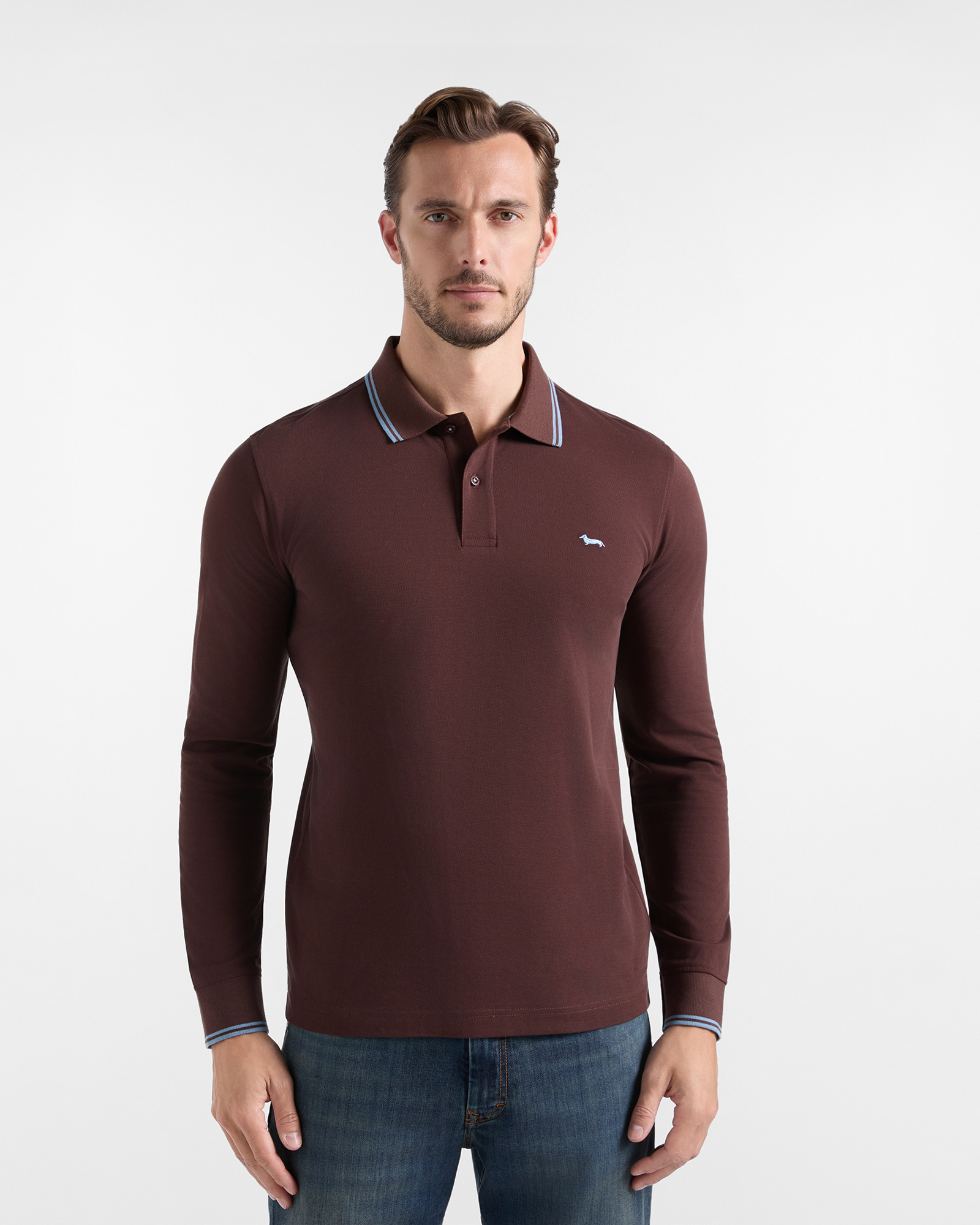 Men's long-sleeve brown 100% pure cotton piqu&eacute; polo shirt