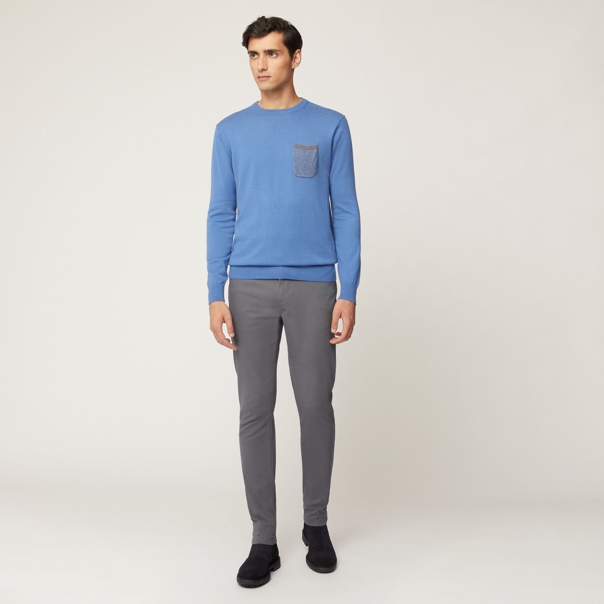 Pullover Girocollo In Misto Lana Con Taschino, Blu Chiaro, large image number 3