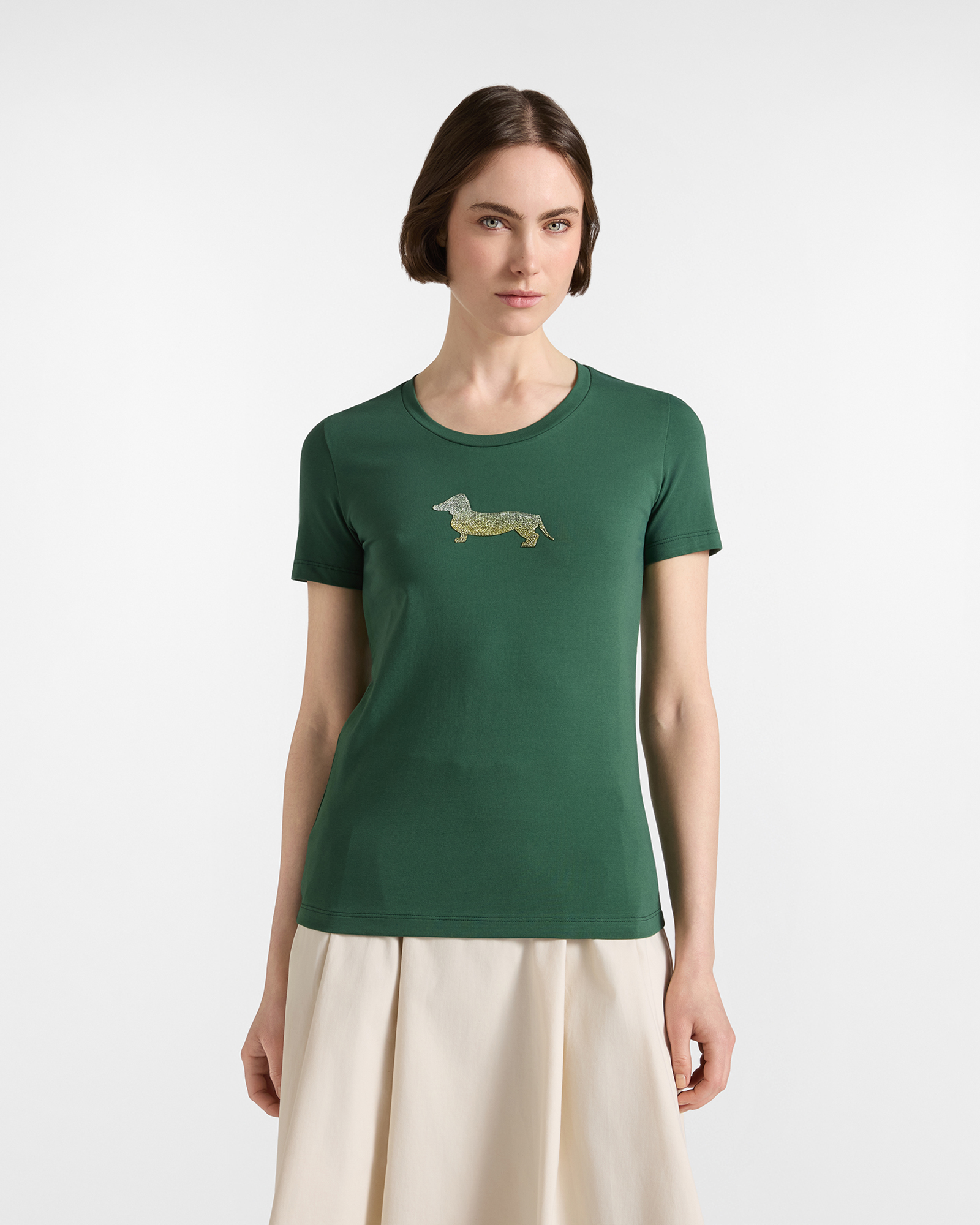 Women's green stretch cotton T-shirt with glitter maxi dachshund