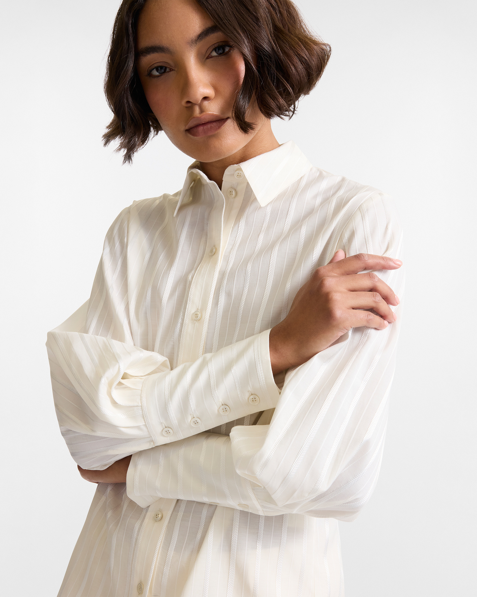 Camisa a Rayas con Mangas Voluminosas y Puños, Blanco Leche, large image number 2