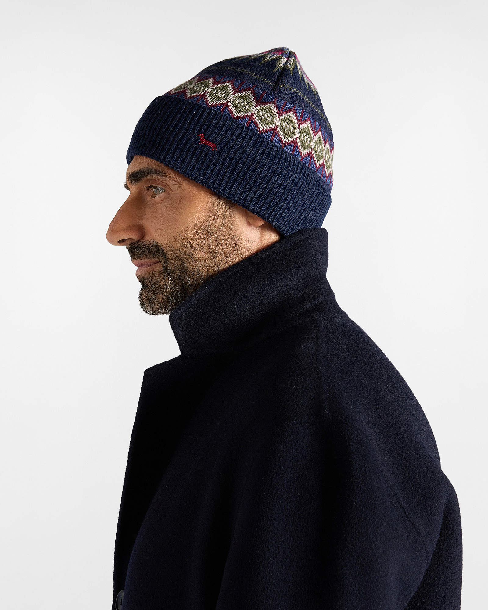 Men&rsquo;s Fair Isle beanie in a navy blue wool and cashmere blend