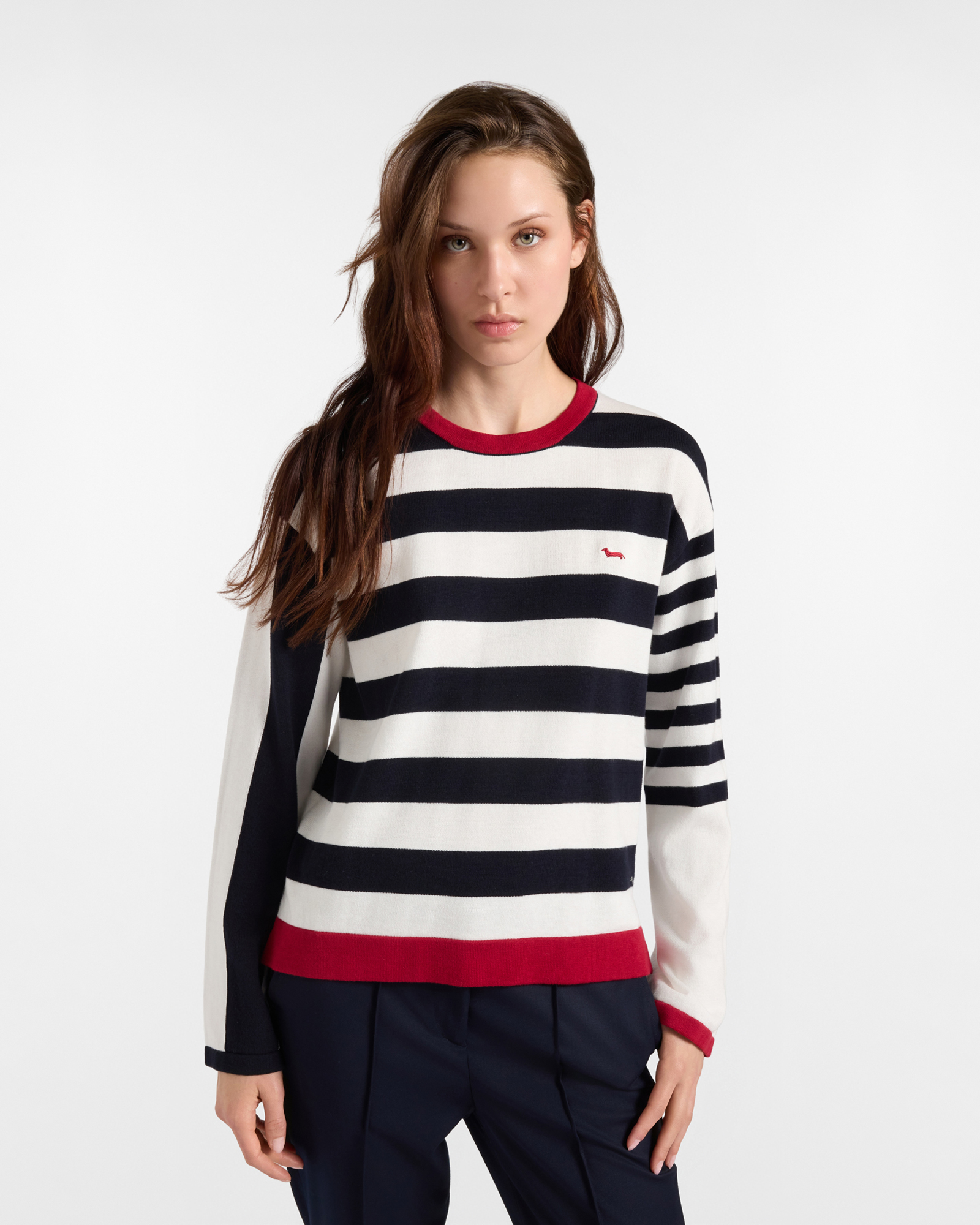 Women's striped sweater in white and blue cotton with contrasting details
