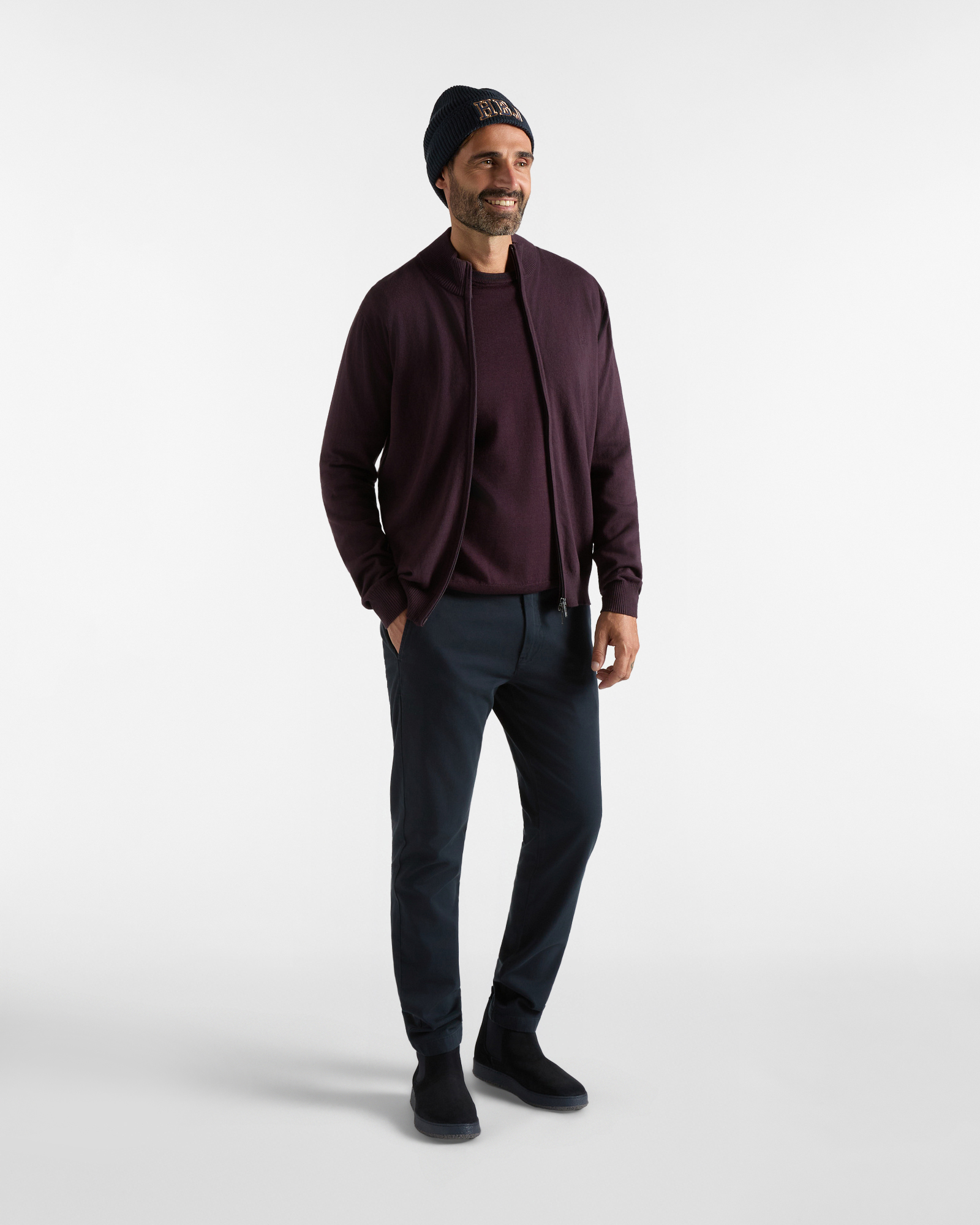 Maglia HBJ Uomo Full Zip in Misto Lana e Cashmere, PRUGNA, large
