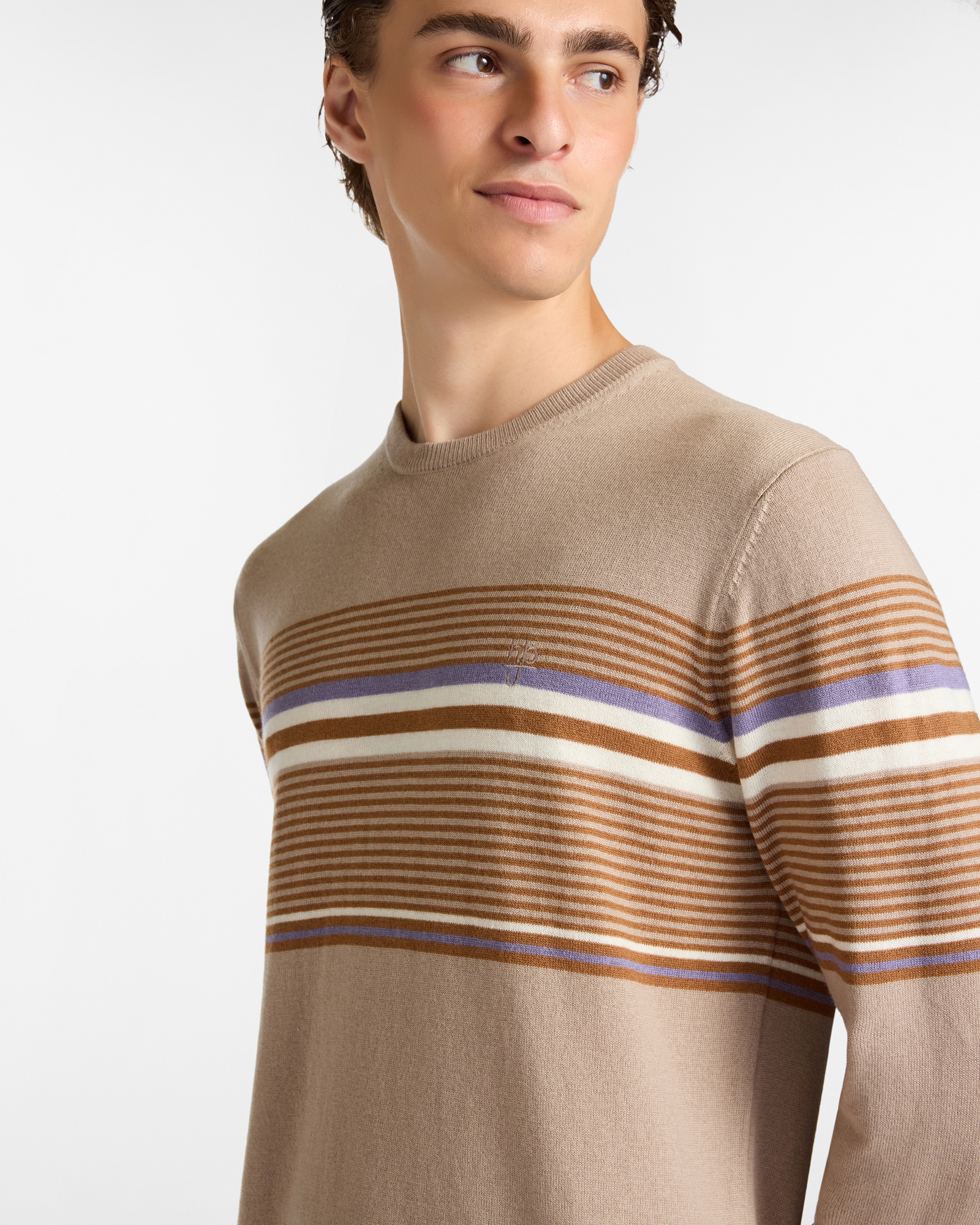 Maglione Girocollo con Righe Bicolor, Beige, large image number 2