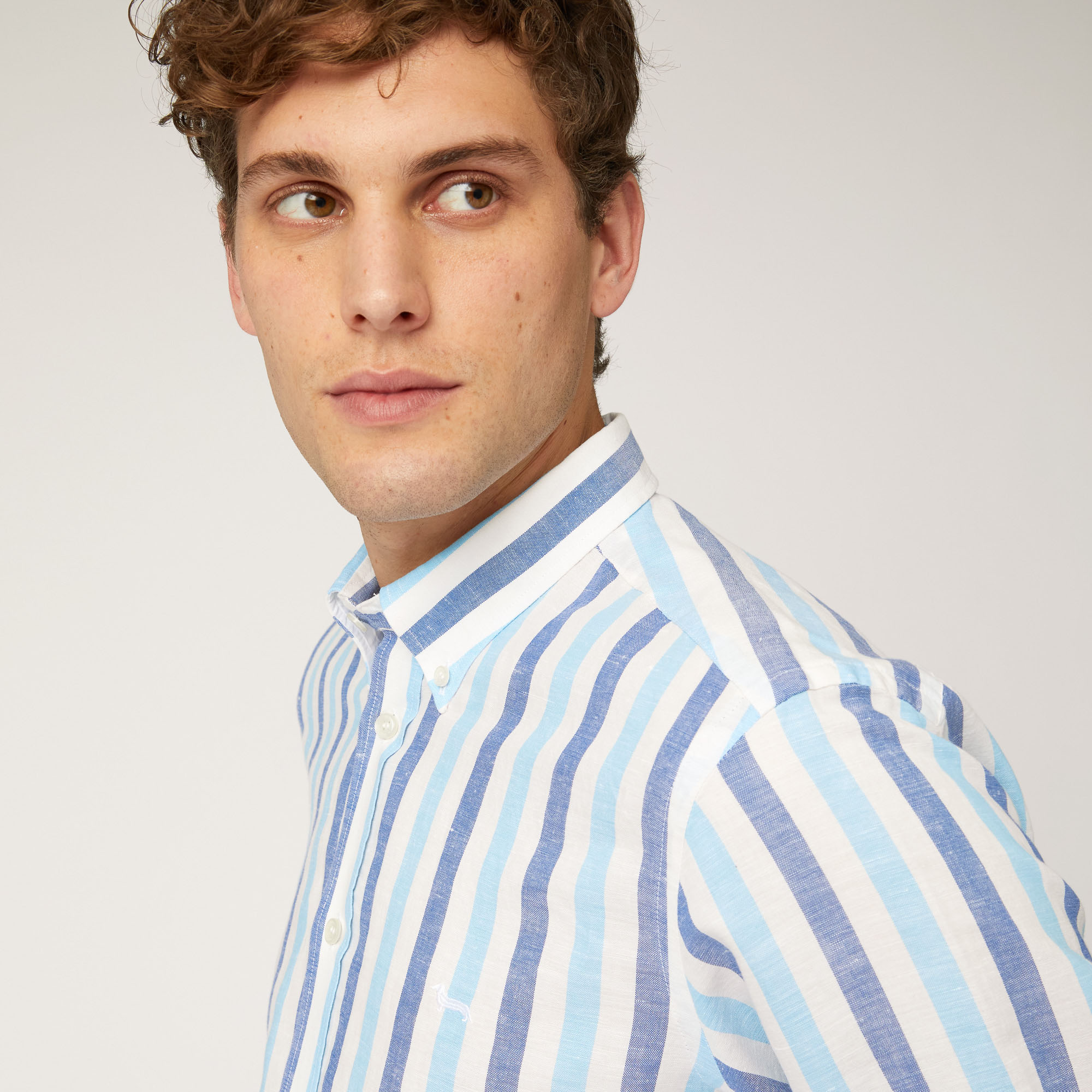 Camisa de lino y algodón a rayas, Azul, large image number 2