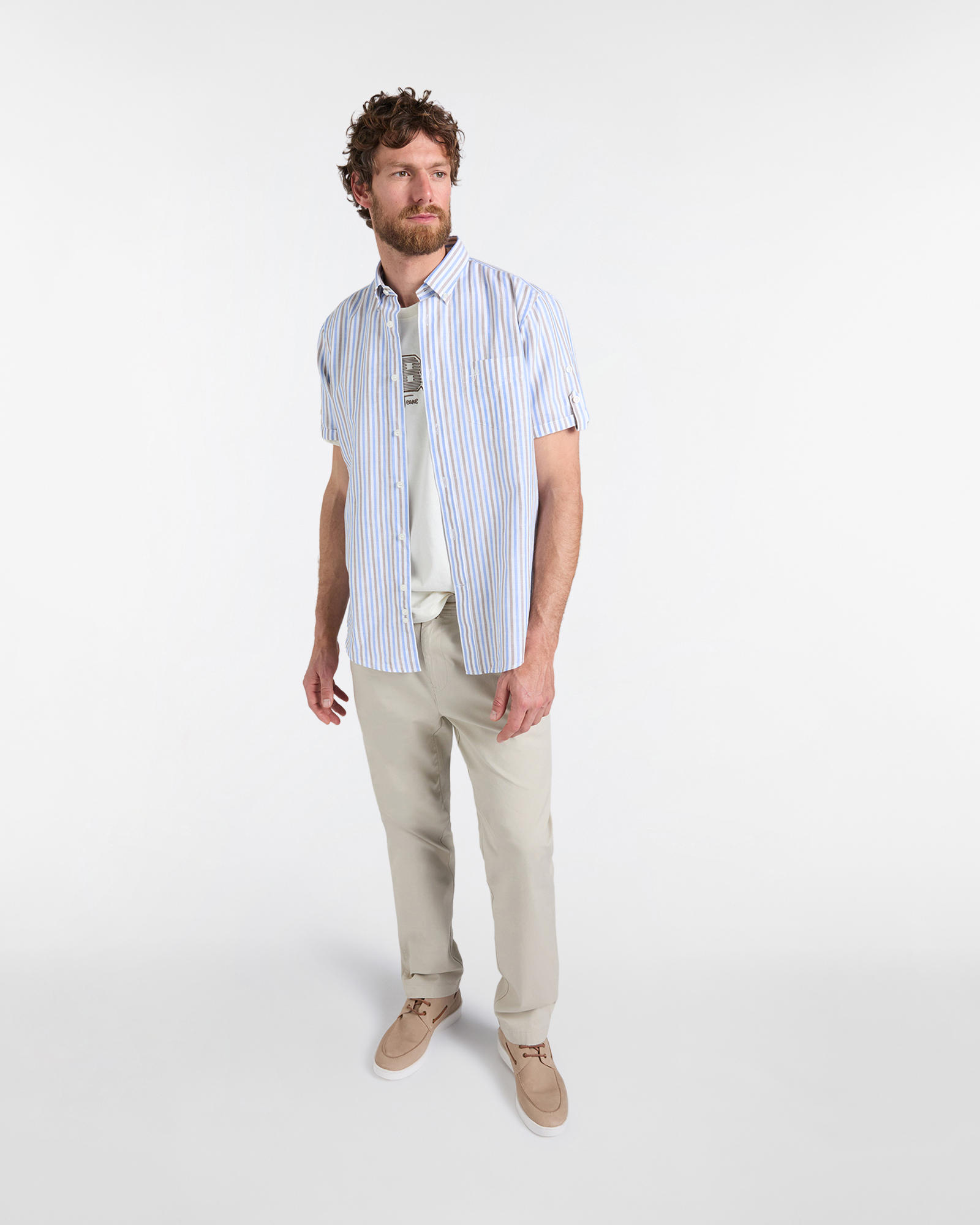 Camicia Uomo a Righe con Taschino Regular Fit, Beige, large image number 3