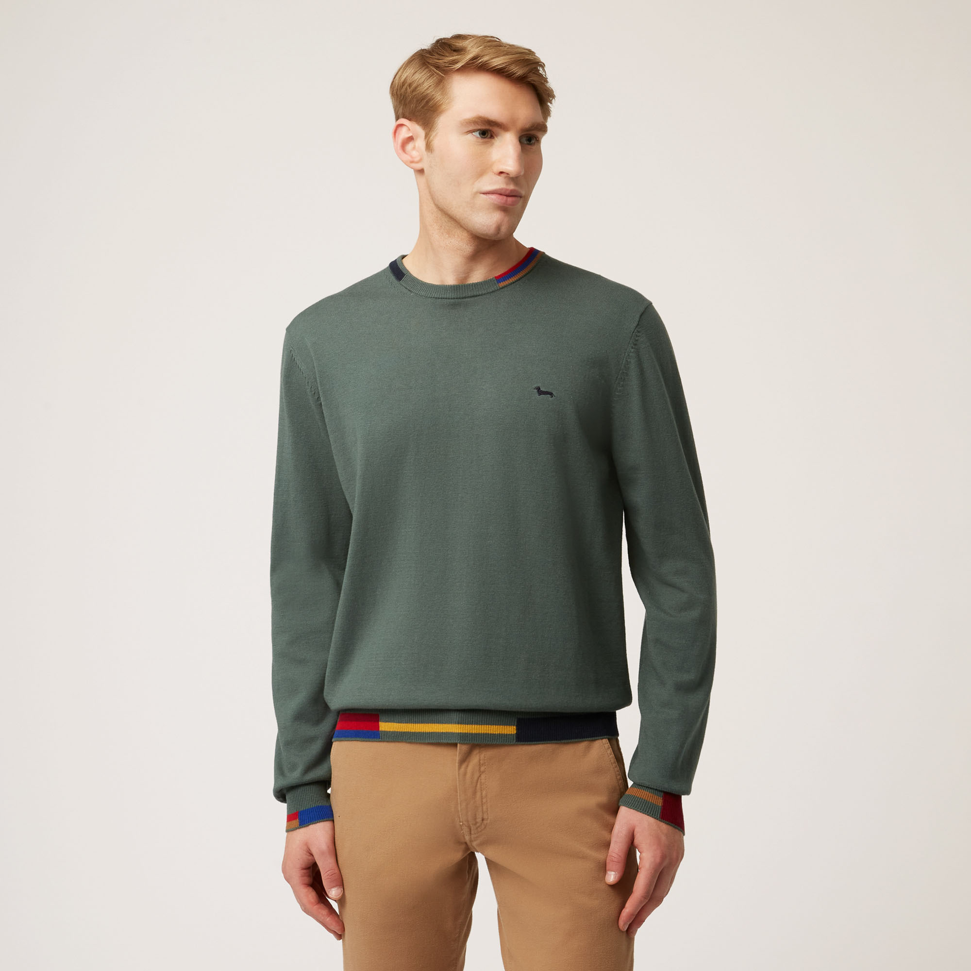 Pullover Girocollo In Cotone E Lana Con Dettagli A Contrasto, Verde Petrolio, large image number 0