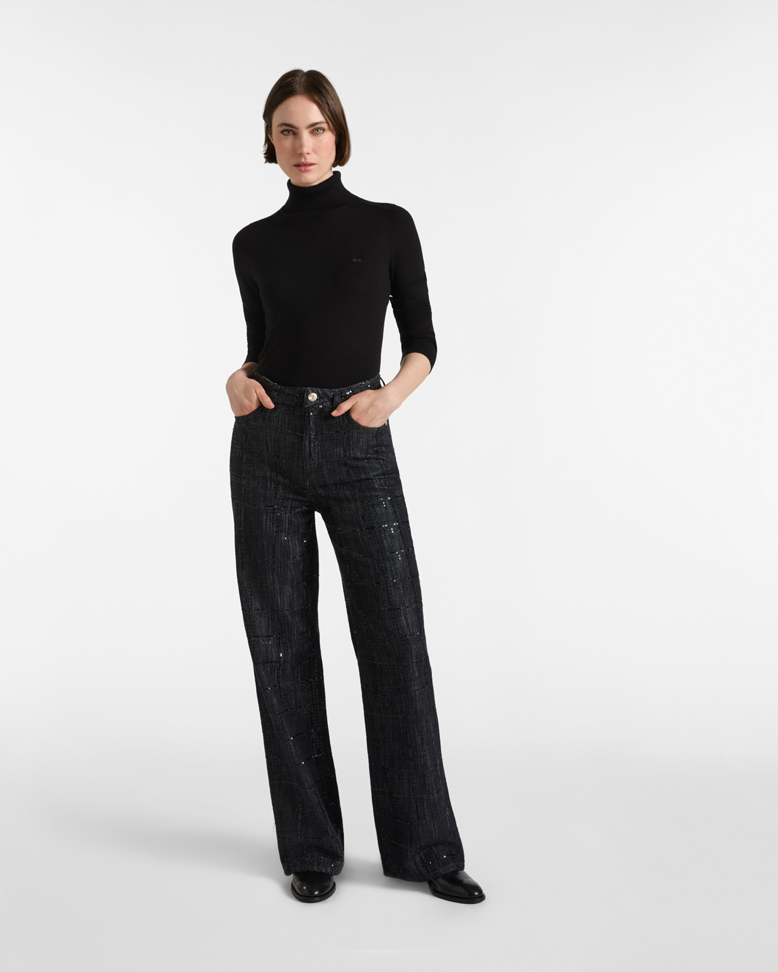 Women's Perkins collar sweater in 100% pure wool, BLACK, large