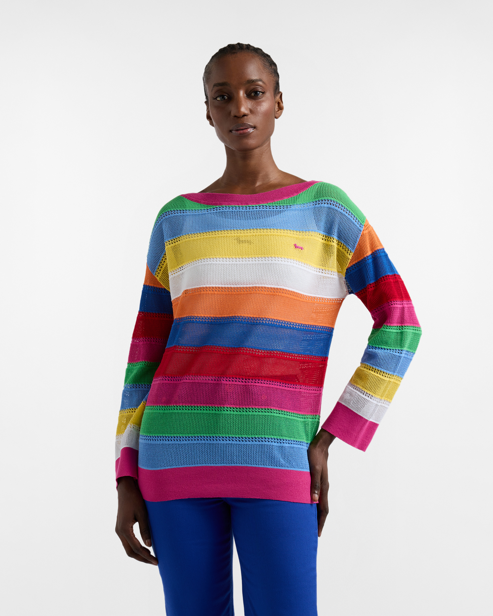 Maglia righe multicolor effetto rete, Donna, Rosso, Taglia: XXS