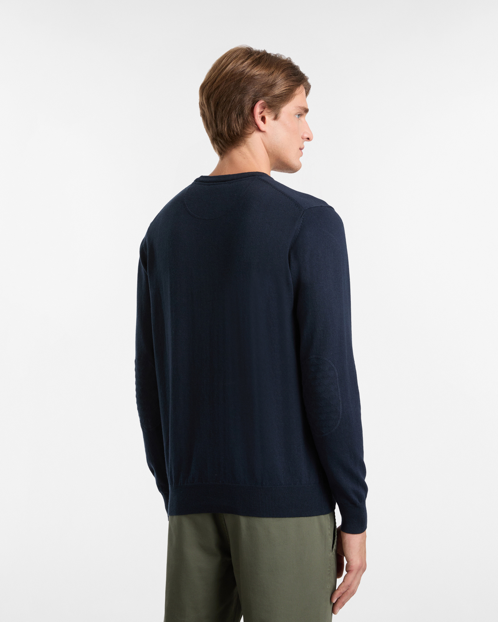 Maglione Girocollo in misto Cotone e Lana con Toppe Tono su Tono, Blu Scuro, large image number 1