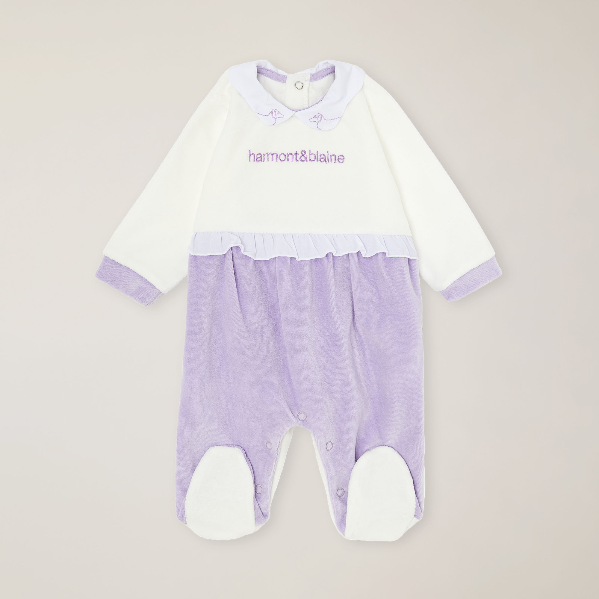 Chenille romper with ruffles and logo embroidery, Lilla, large image number 0