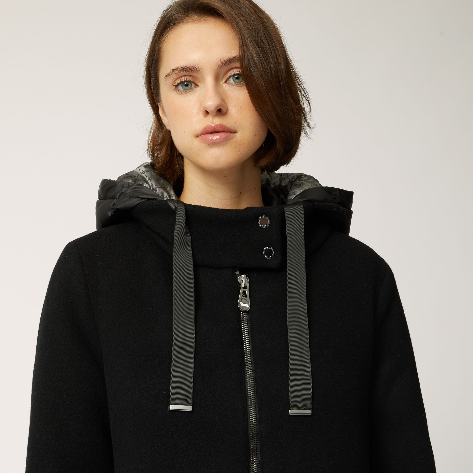Wool And Nylon Long Jacket With Hood, Black, large image number 2
