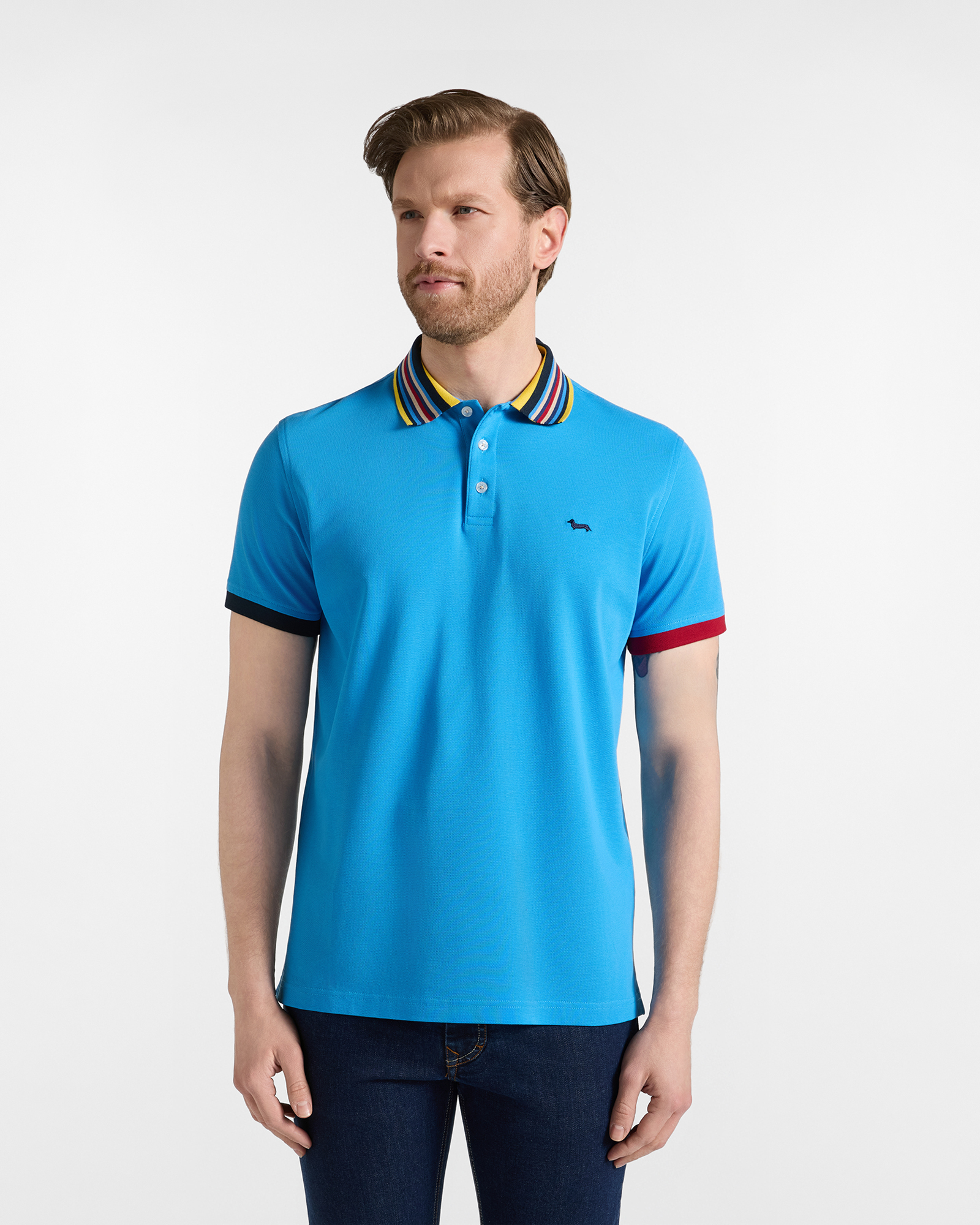 Men's short-sleeve blue mercerized 100% pure cotton piqu&eacute; polo shirt