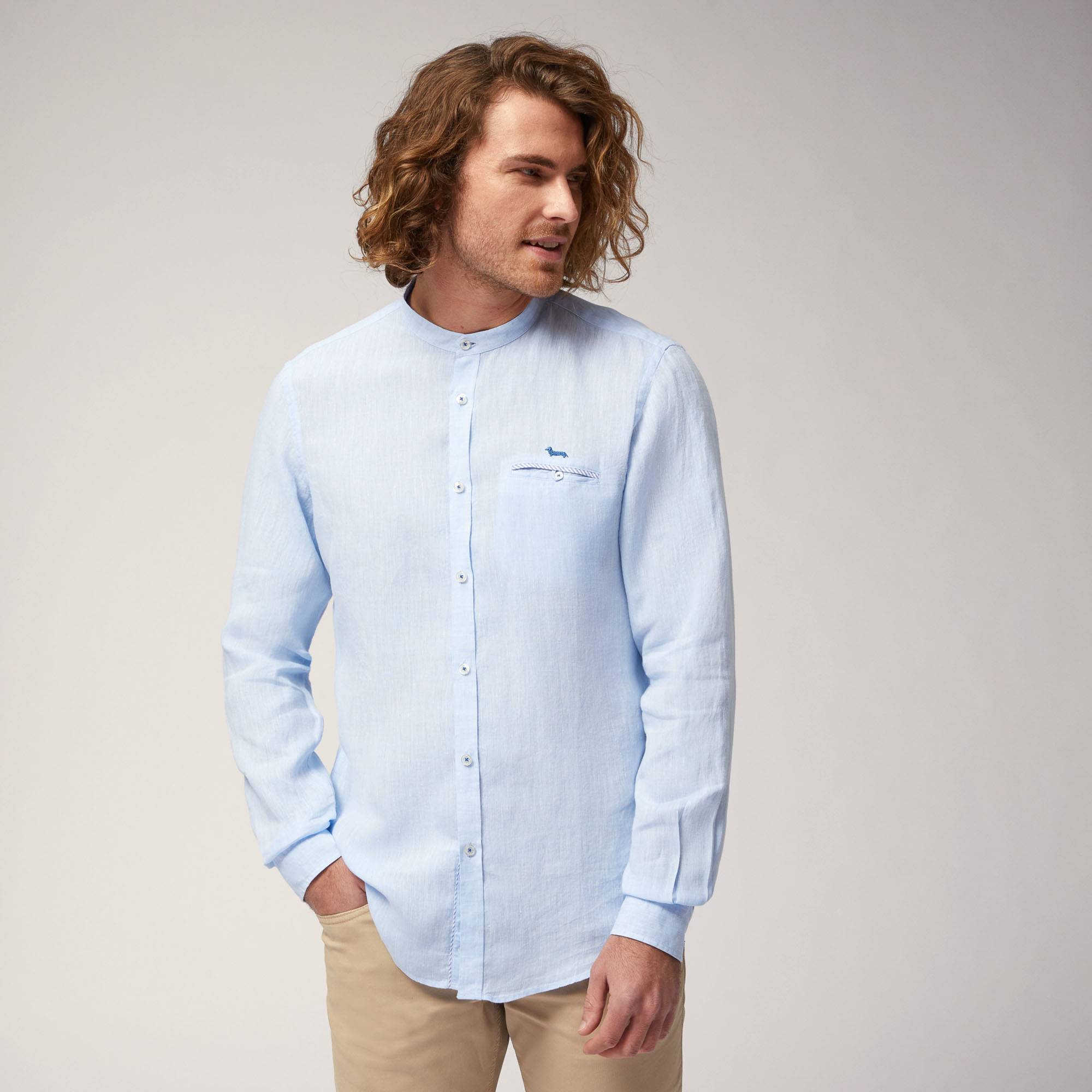 Linen Shirt with Mandarin Collar and Breast Pocket, Sky Blue, large