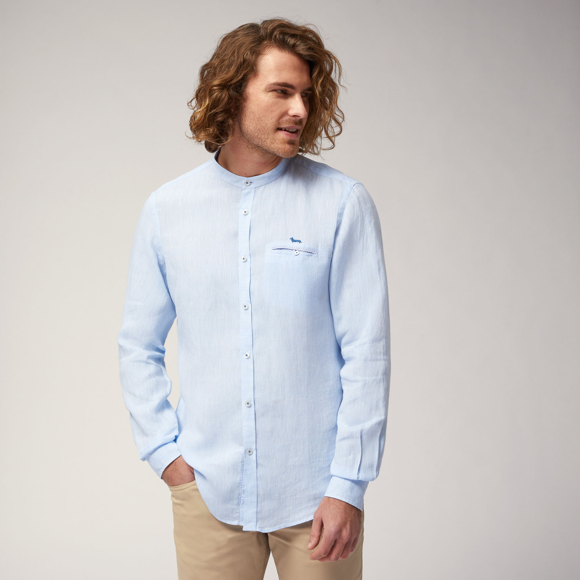 Linen Shirt with Mandarin Collar and Breast Pocket, Sky Blue, large image number 0