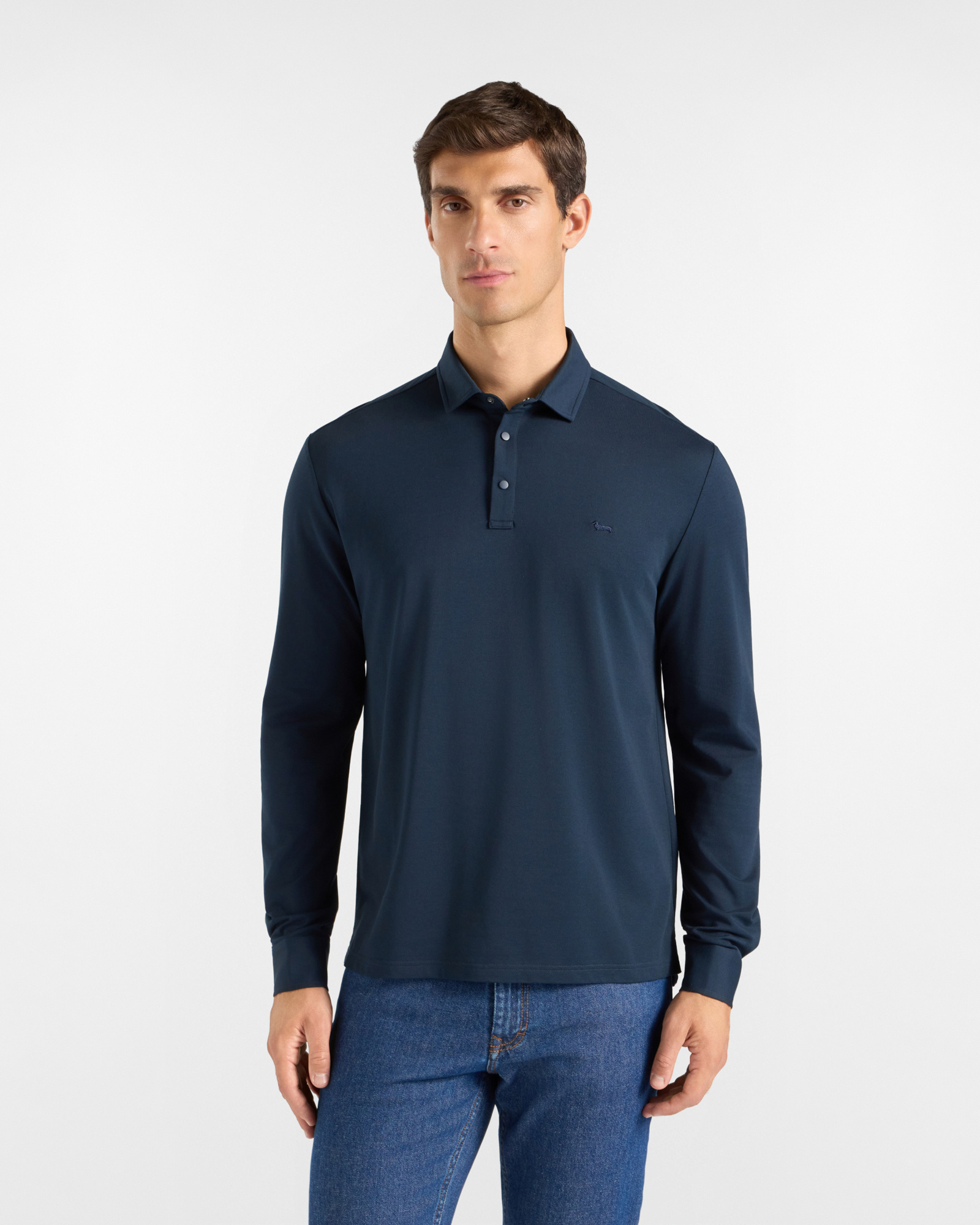 Polo para hombre de manga larga en piqu&eacute; de algod&oacute;n el&aacute;stico azul