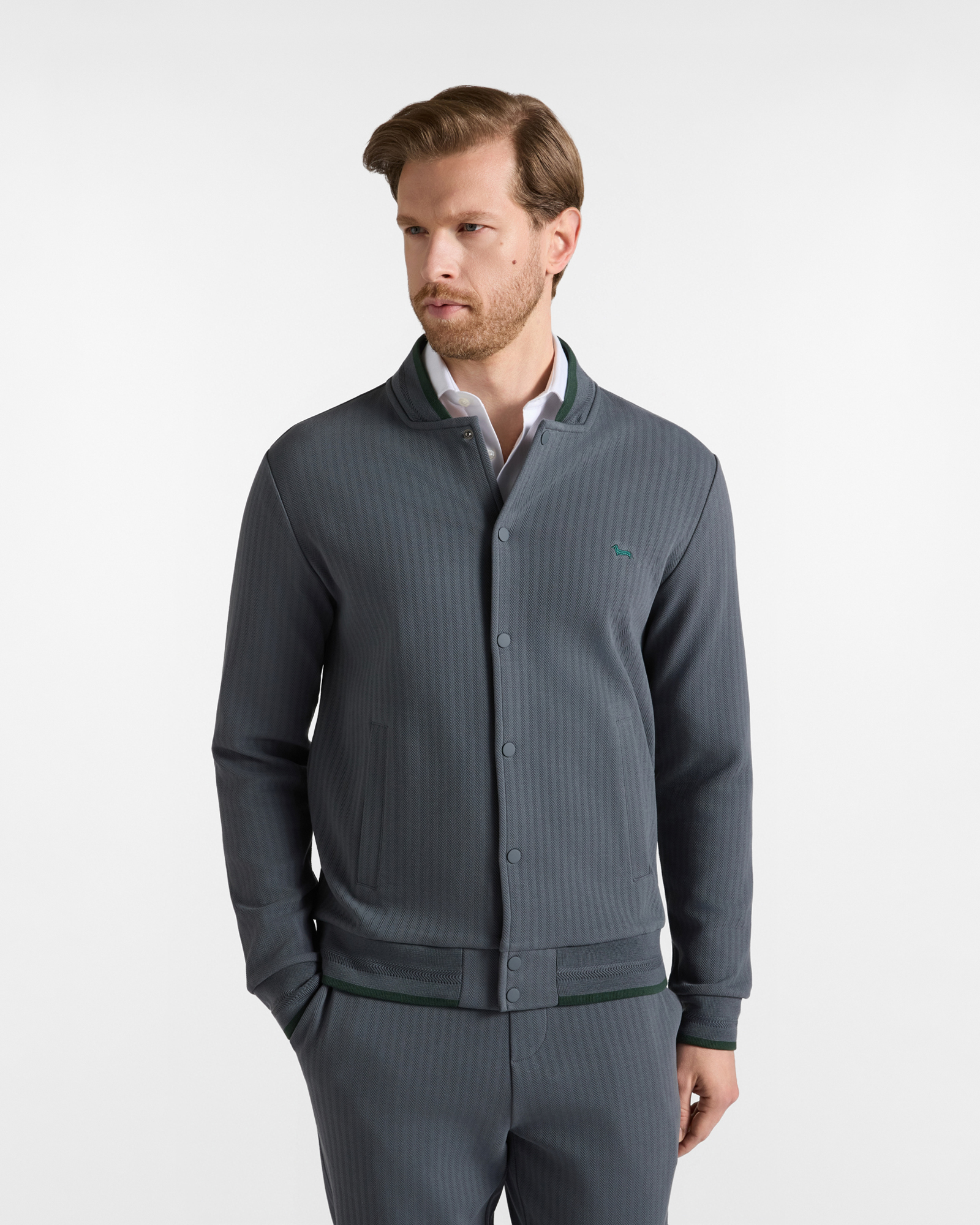 Men's grey herringbone fleece bomber jacket
