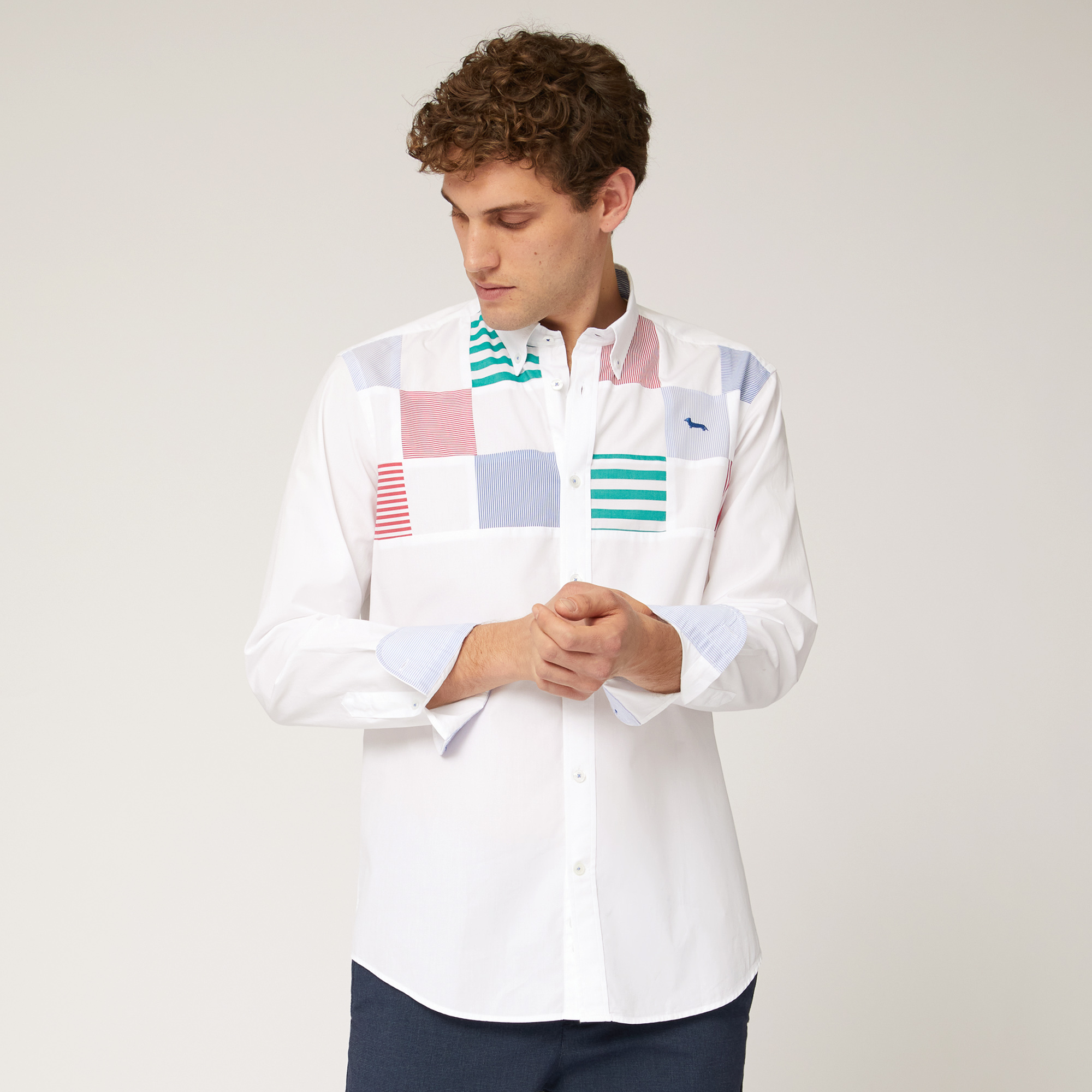 Cotton Shirt with Contrasting Squares, White, large image number 0