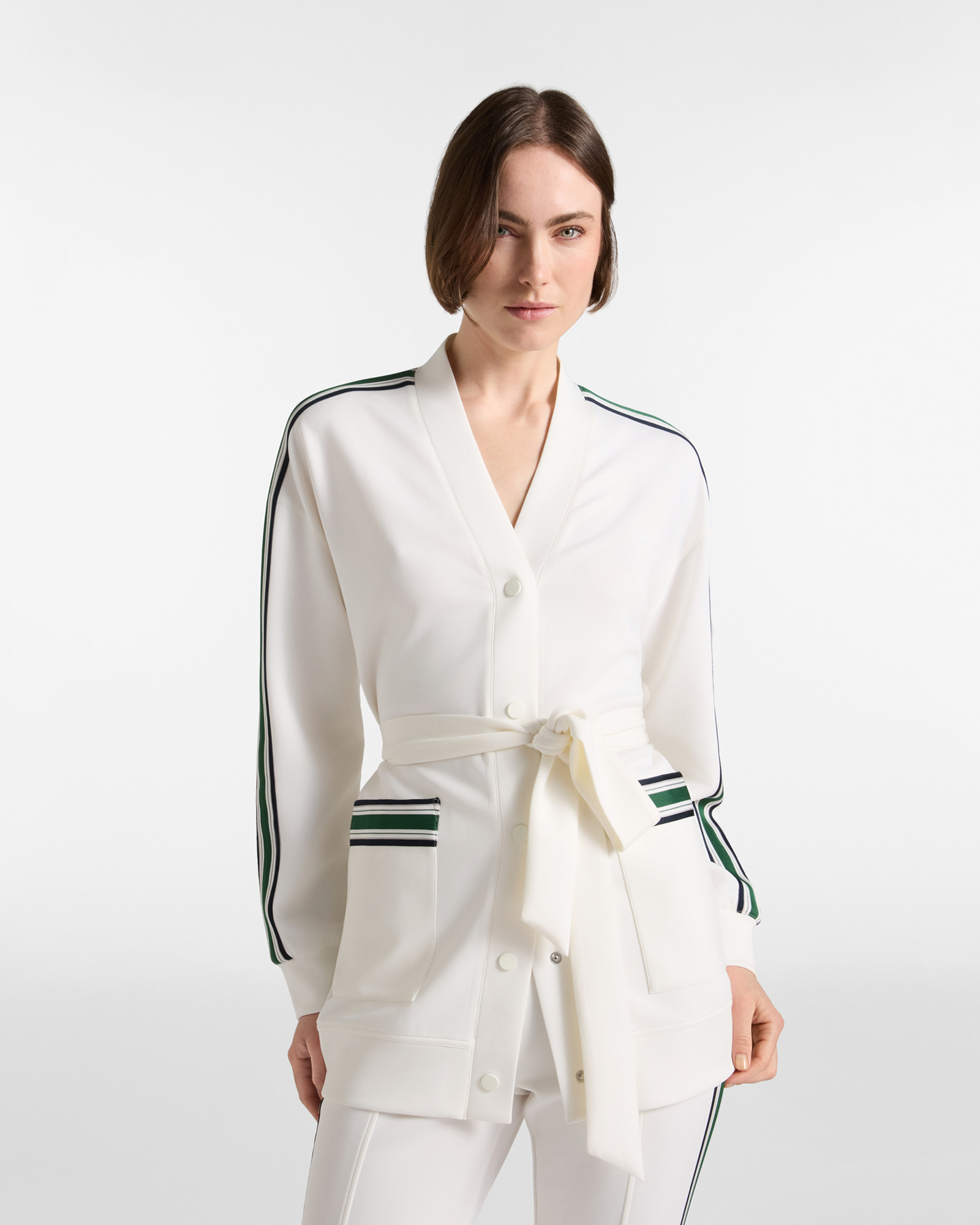 Women's white fleece kimono cardigan with regimental stripes