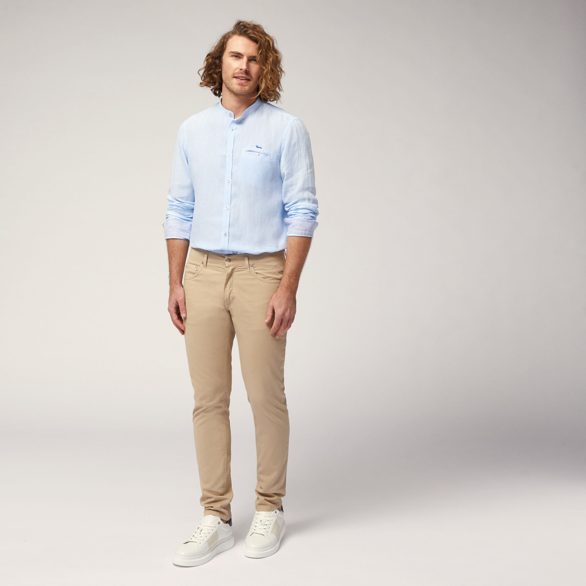 Linen Shirt with Mandarin Collar and Breast Pocket, Sky Blue, large image number 3