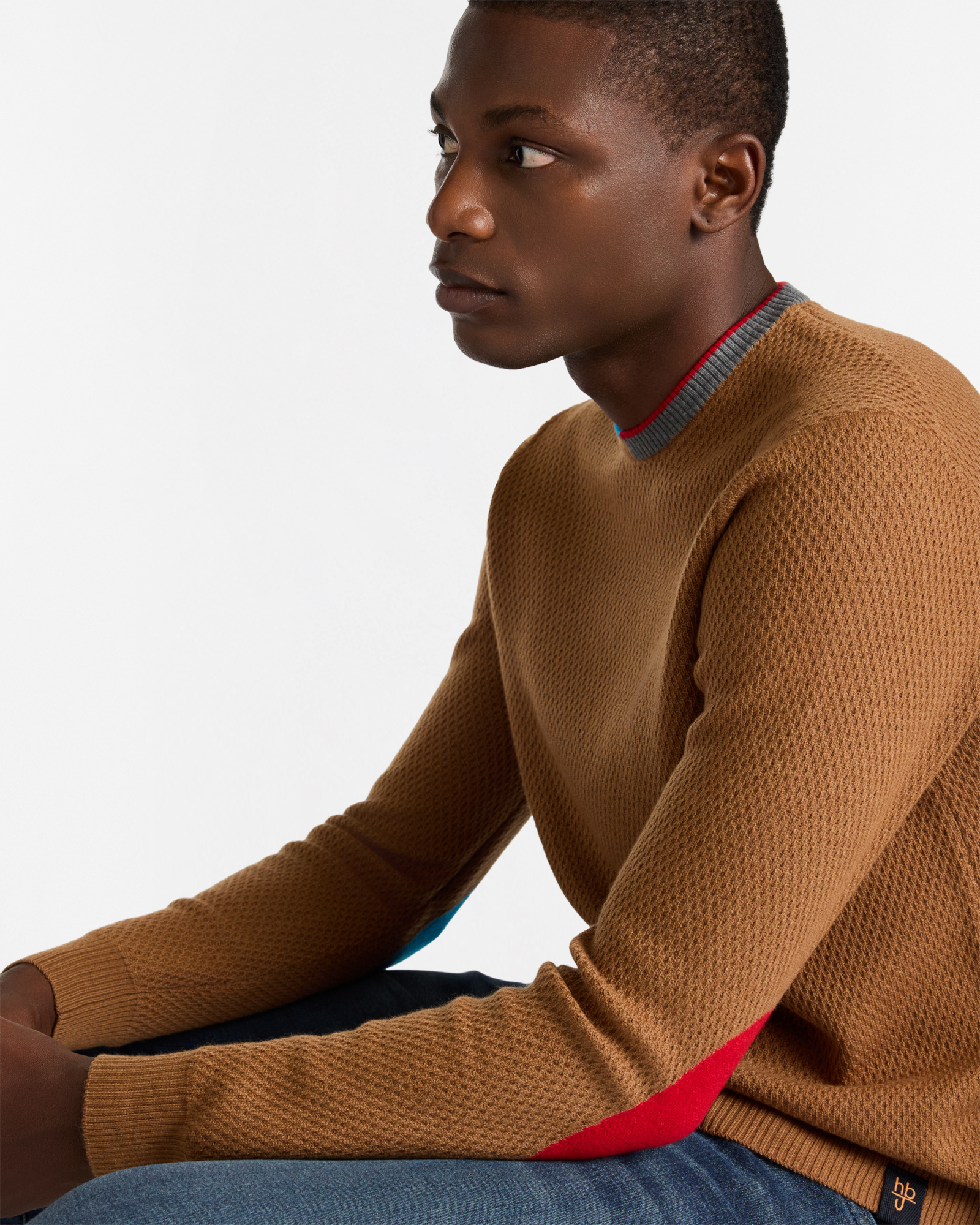 Crewneck Sweater with Contrast Elbow Patches, Brown, large image number 2