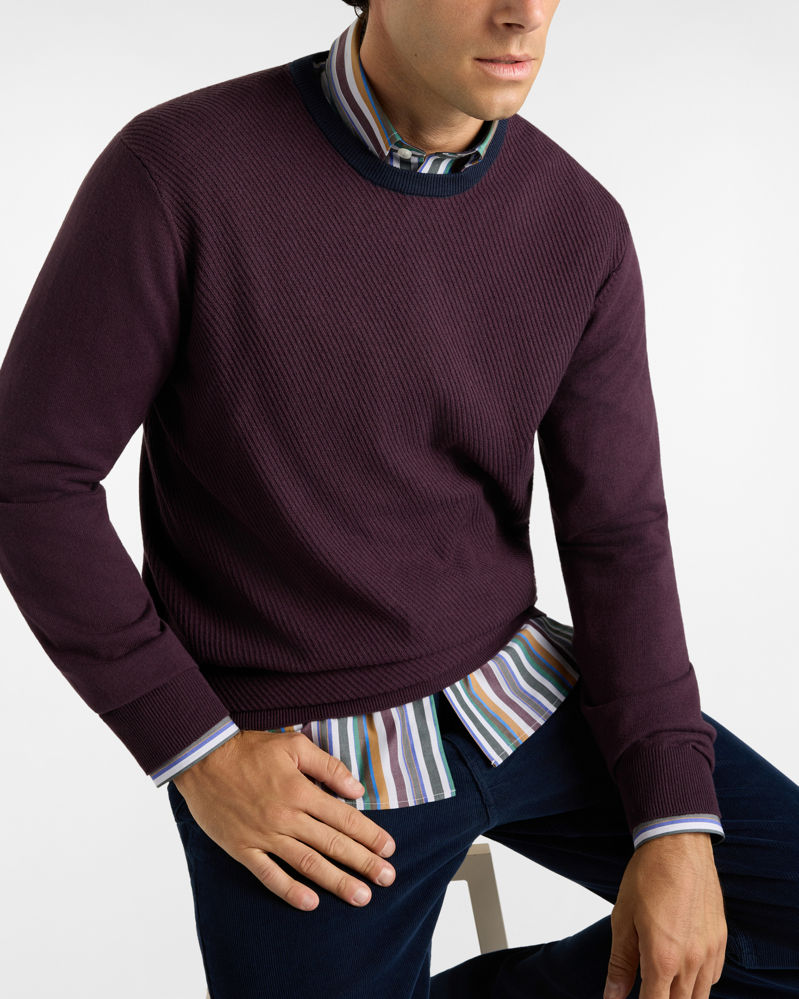 Maglia girocollo HBJ Uomo collo a contrasto in misto lana e cashmere, PRUGNA, large
