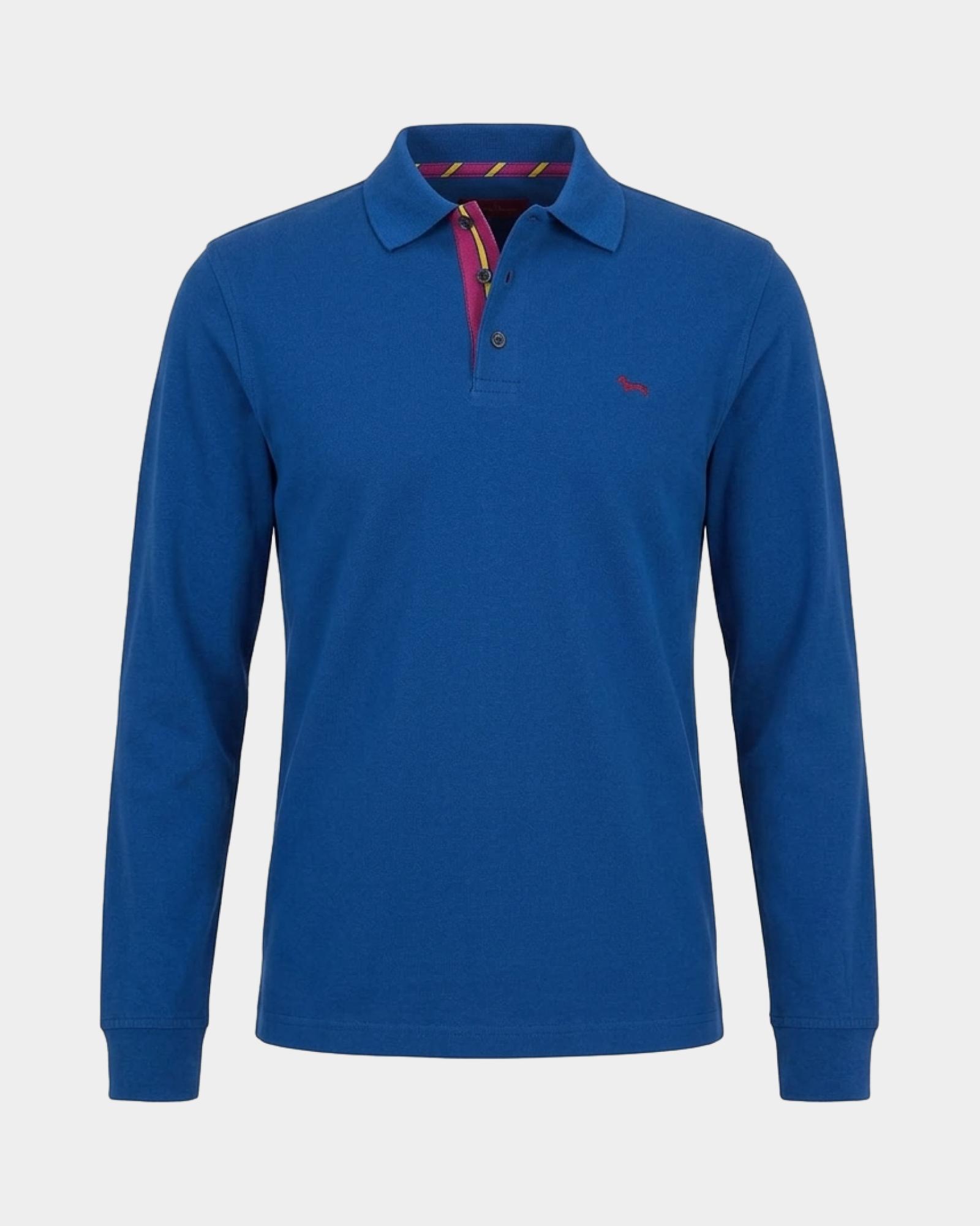 Men's long-sleeve 100% pure cotton brushed jersey polo shirt, SPORT BLUE, large
