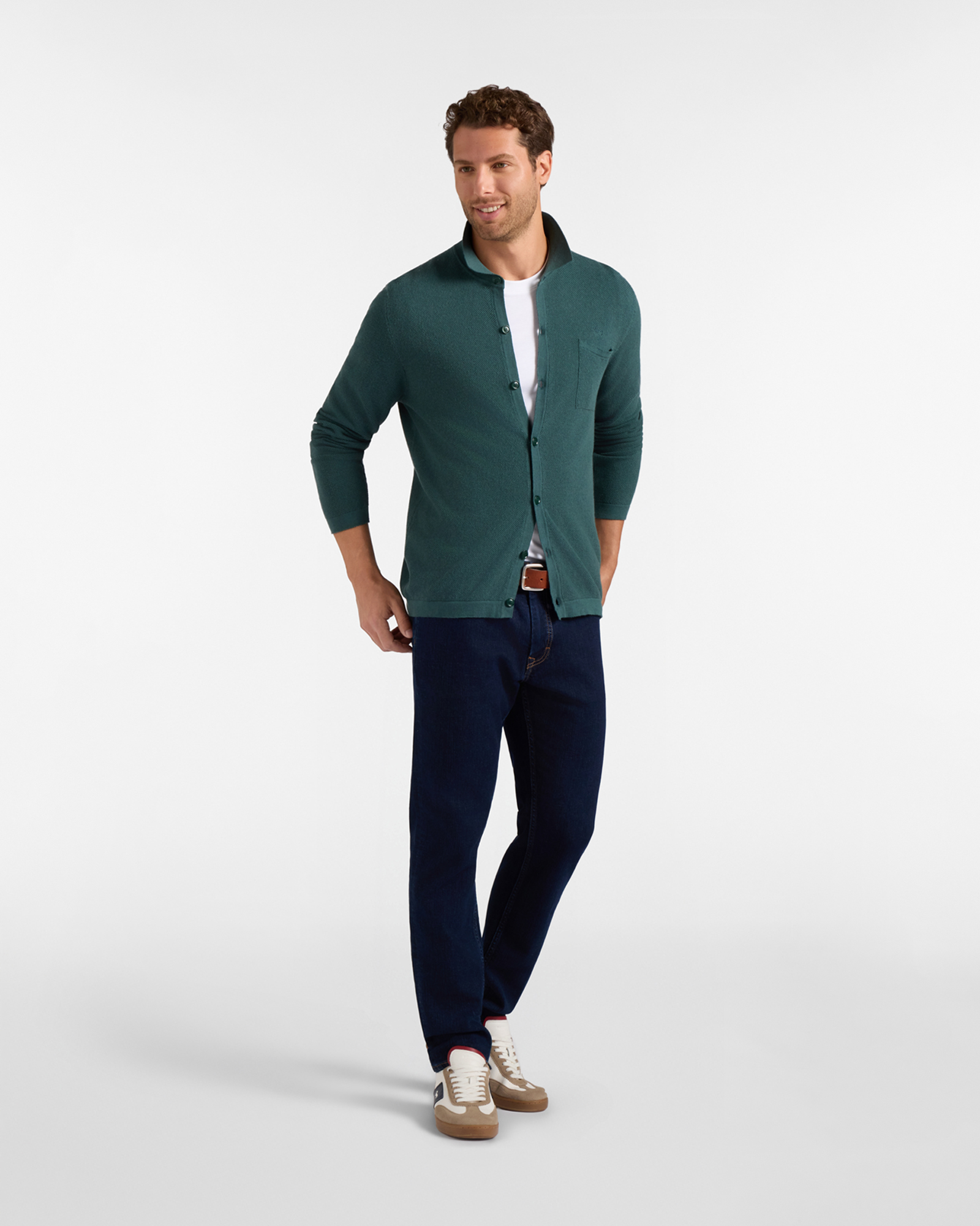 Men's Made in Italy buttoned polo shirt collar sweater in  wool and cotton blend with regular fit, BOTTLE GREEN, large image number 3