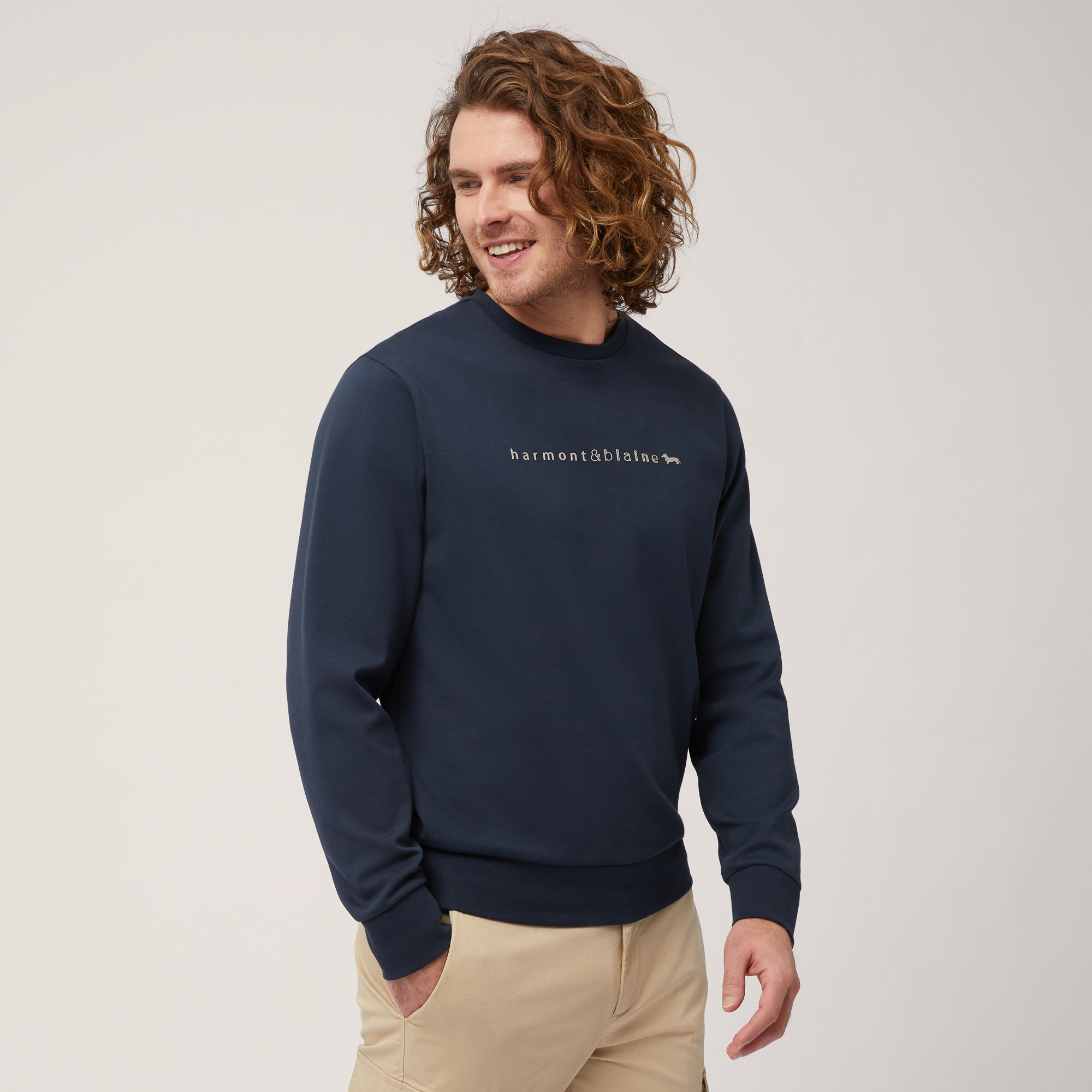 Crew Neck Sweatshirt with 3D Logo, Blue, large