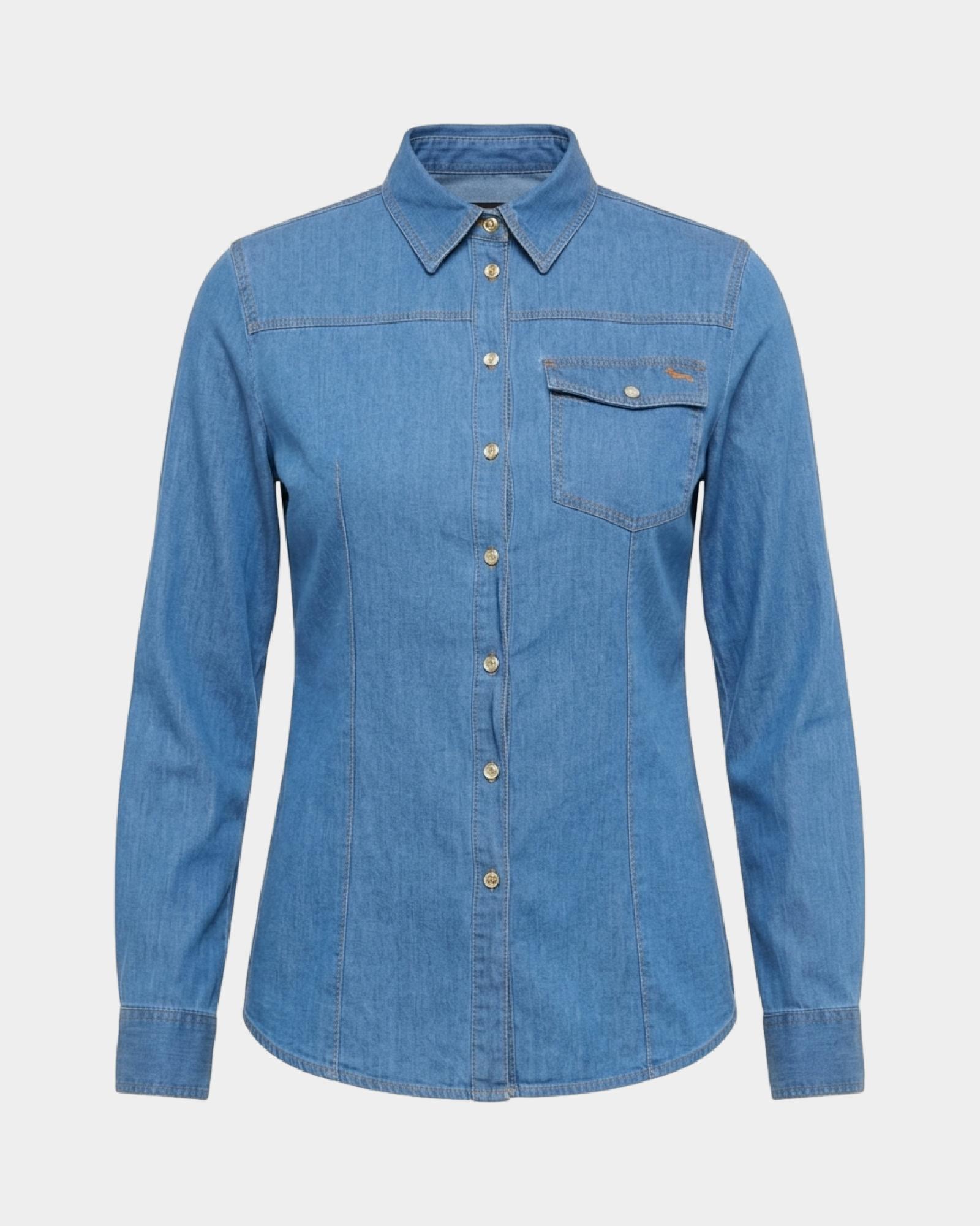 Chemise femme basique en denim  avec poche, BLEU MARINE, large