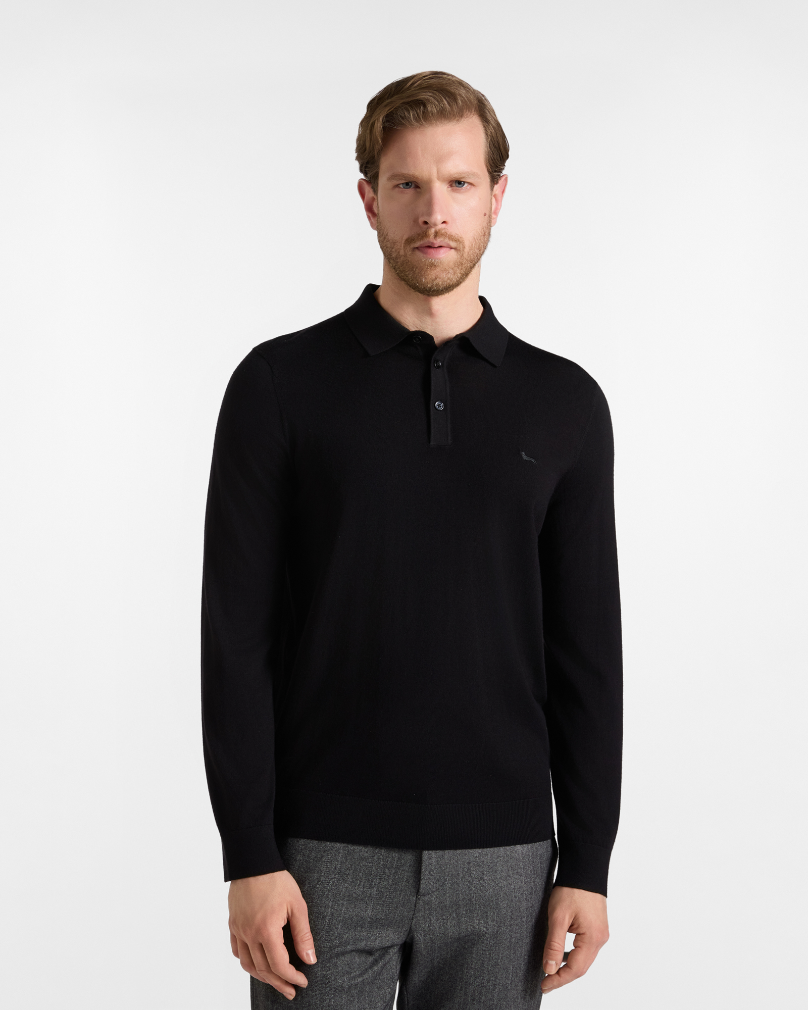 Maglia Uomo con colletto polo abbottonato in 100% pura lana nero Regular Fit