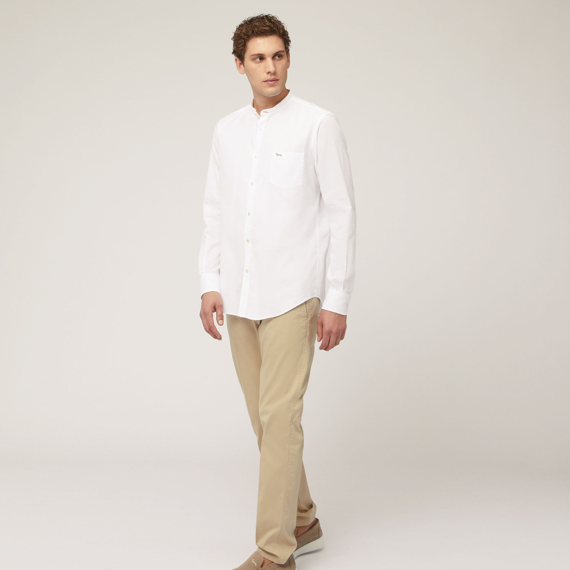 Camisa de algodón estructurado con cuello mao y bolsillo, Blanco, large image number 3
