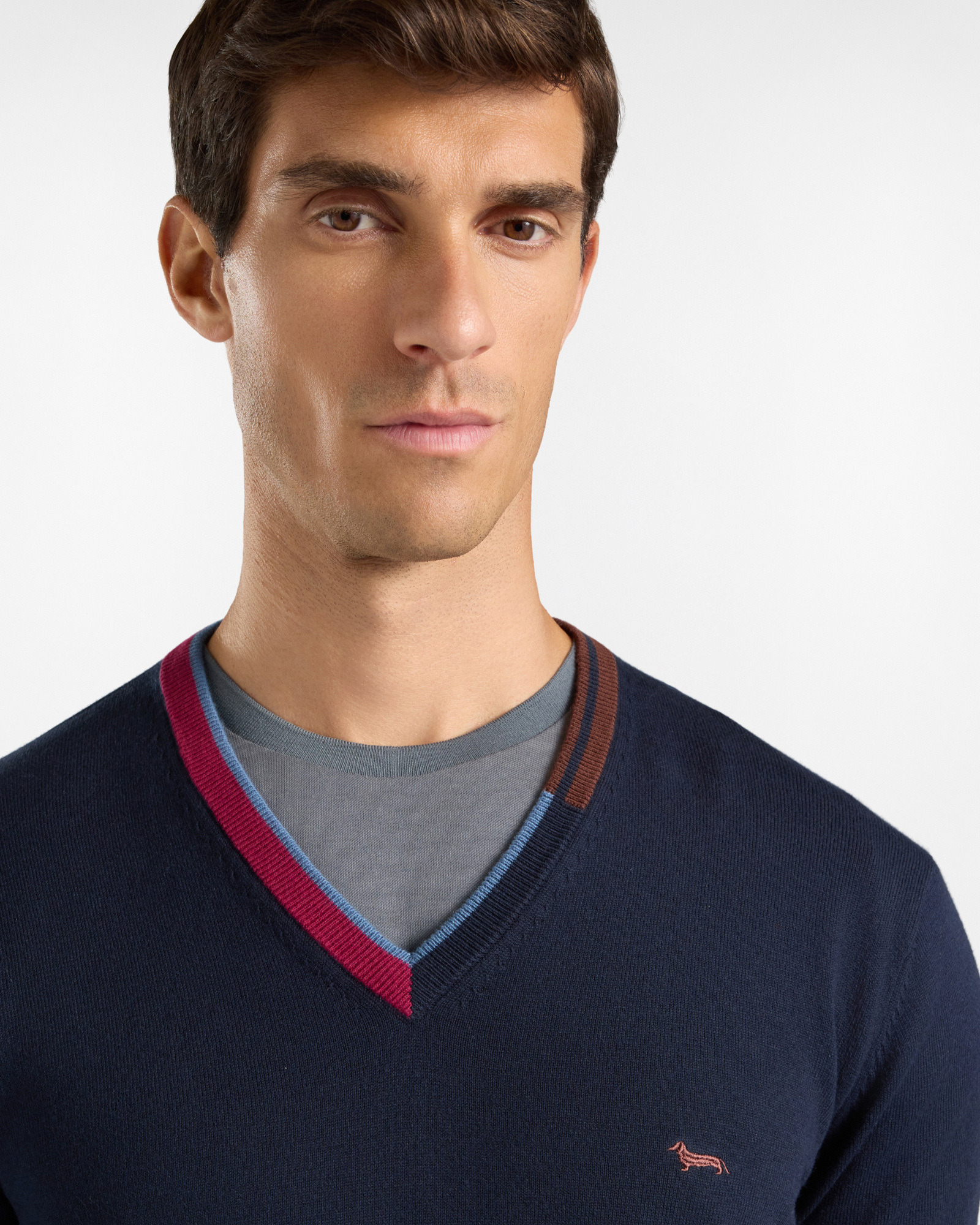 Maglia Uomo con scollo a V in misto lana e cotone Regular Fit, AZUL MARINO, large