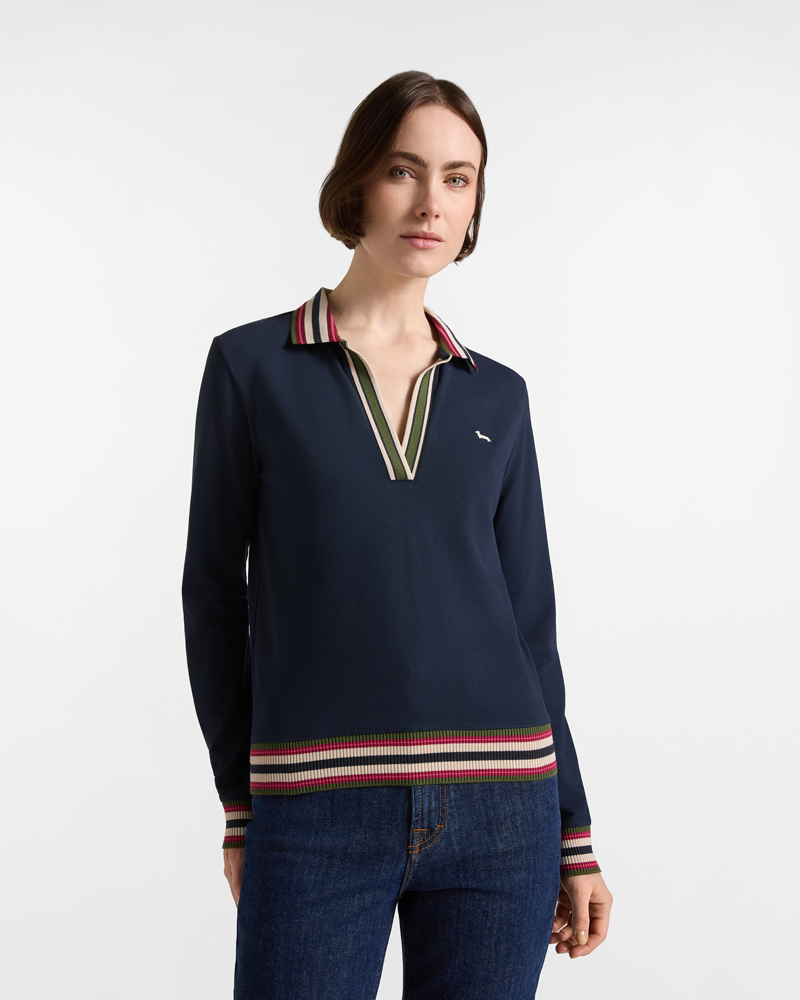 Women's long-sleeve blue stretch cotton polo shirt with V-neck