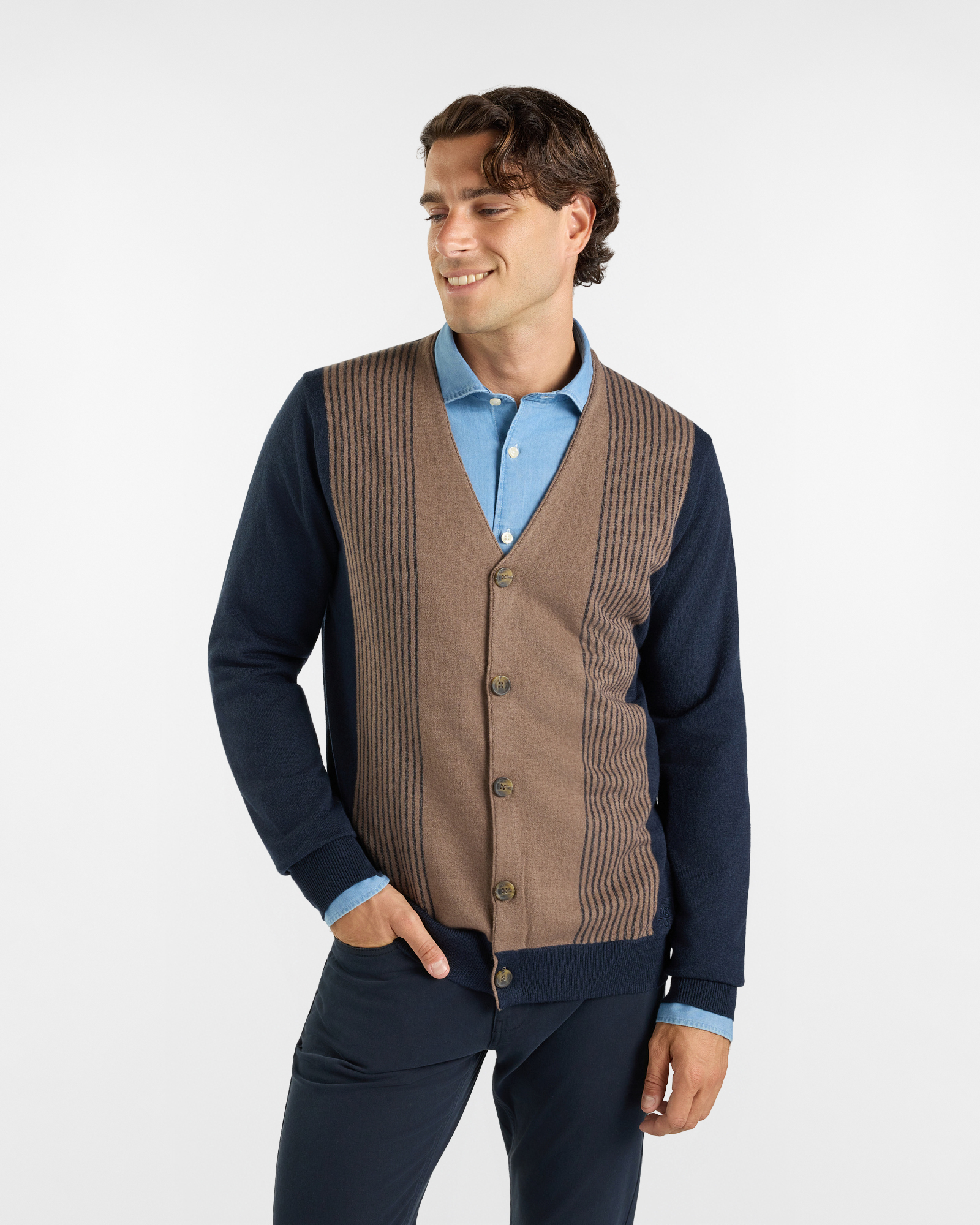 Cardigan HBJ Uomo in misto lana beige e blu navy