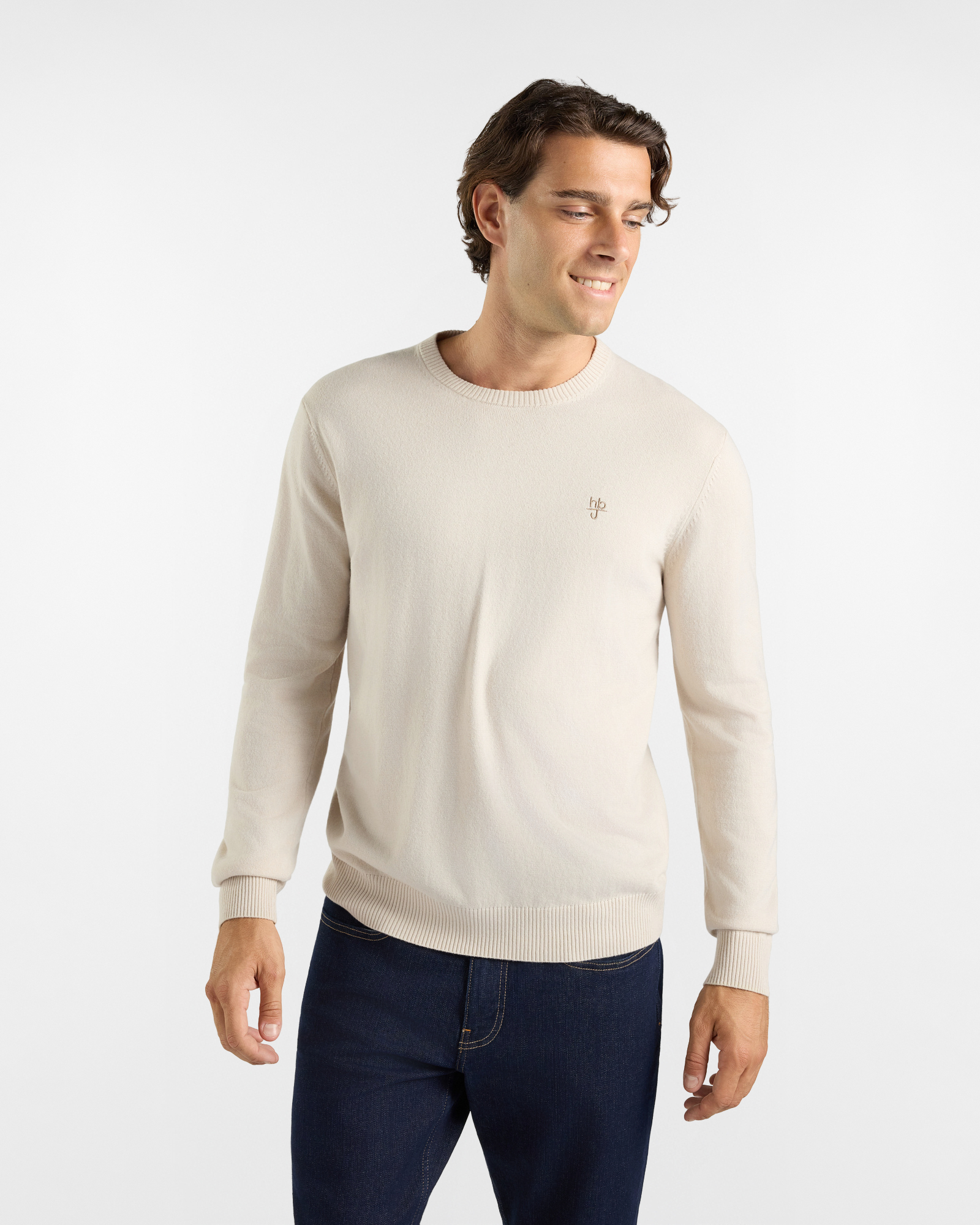 Maglia HBJ Uomo in punto cardato con toppe, girocollo in misto lana e cashmere, BIANCO, large