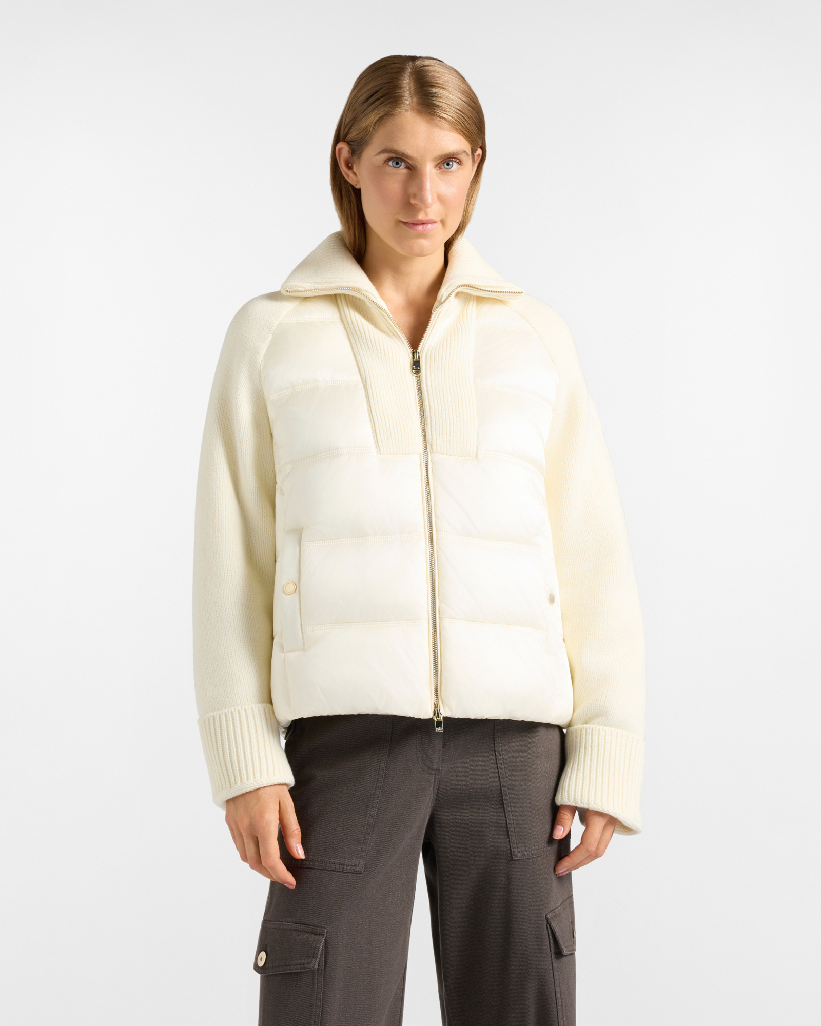 Women's white Oversize nylon and rib-knit wool jacket