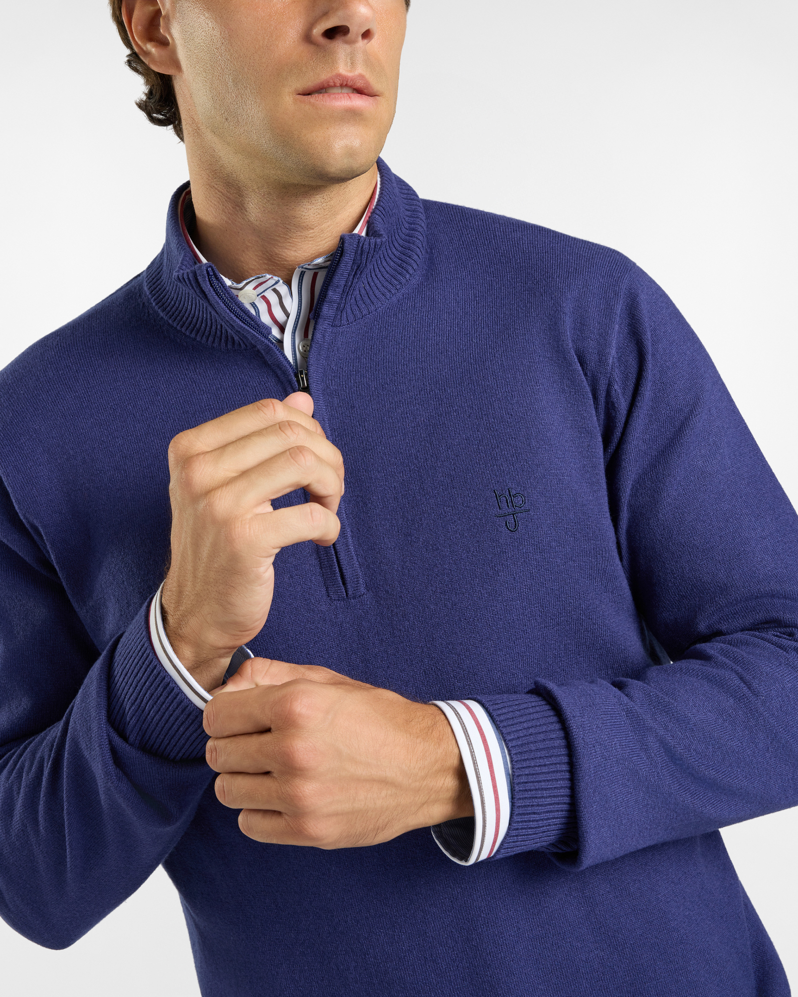 Maglia HBJ Uomo in Punto Cardato Half-Zip in Misto Lana e Cashmere, BLU, large