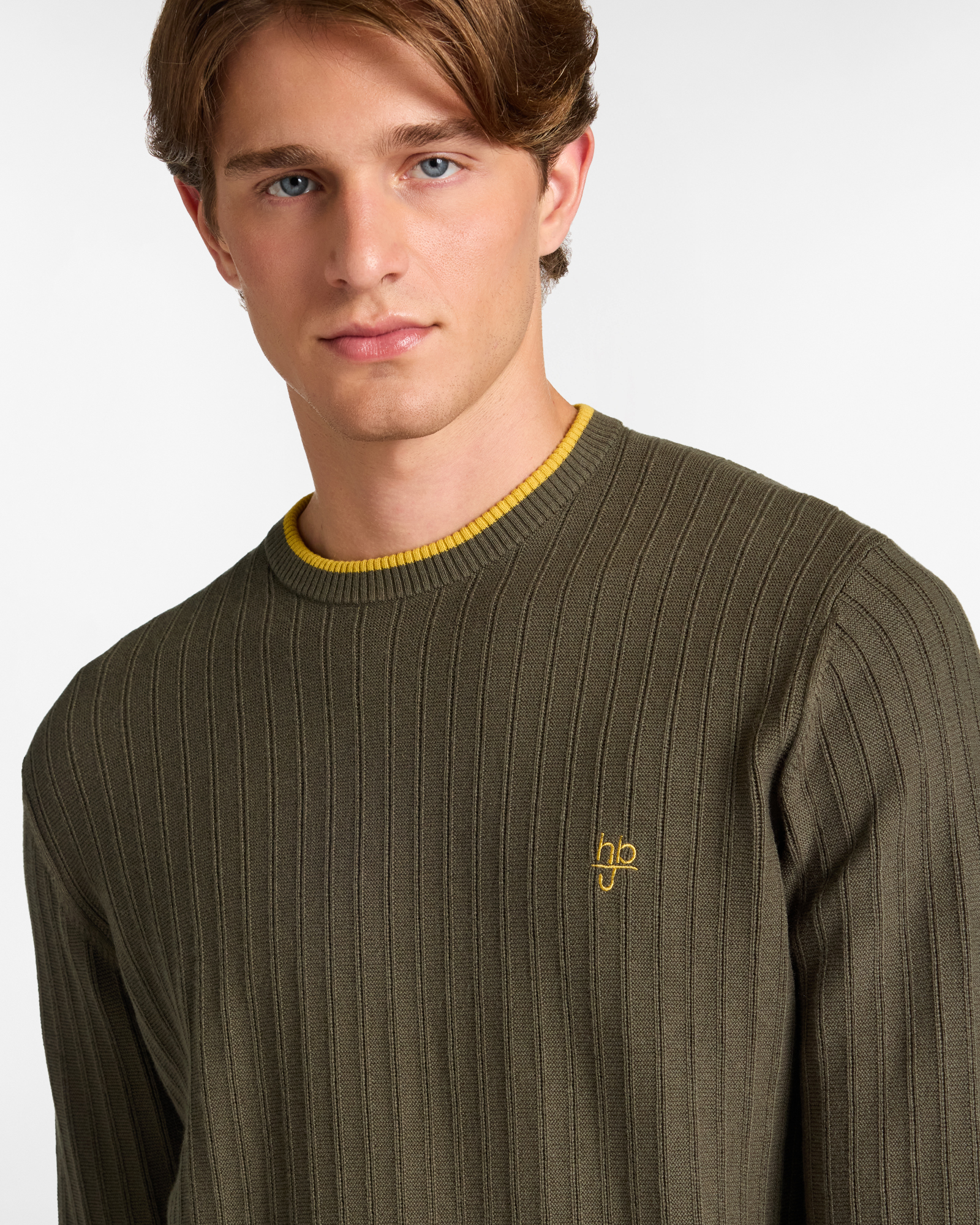 Crew Neck Sweater with Contrast Details, Olive Green, large image number 2