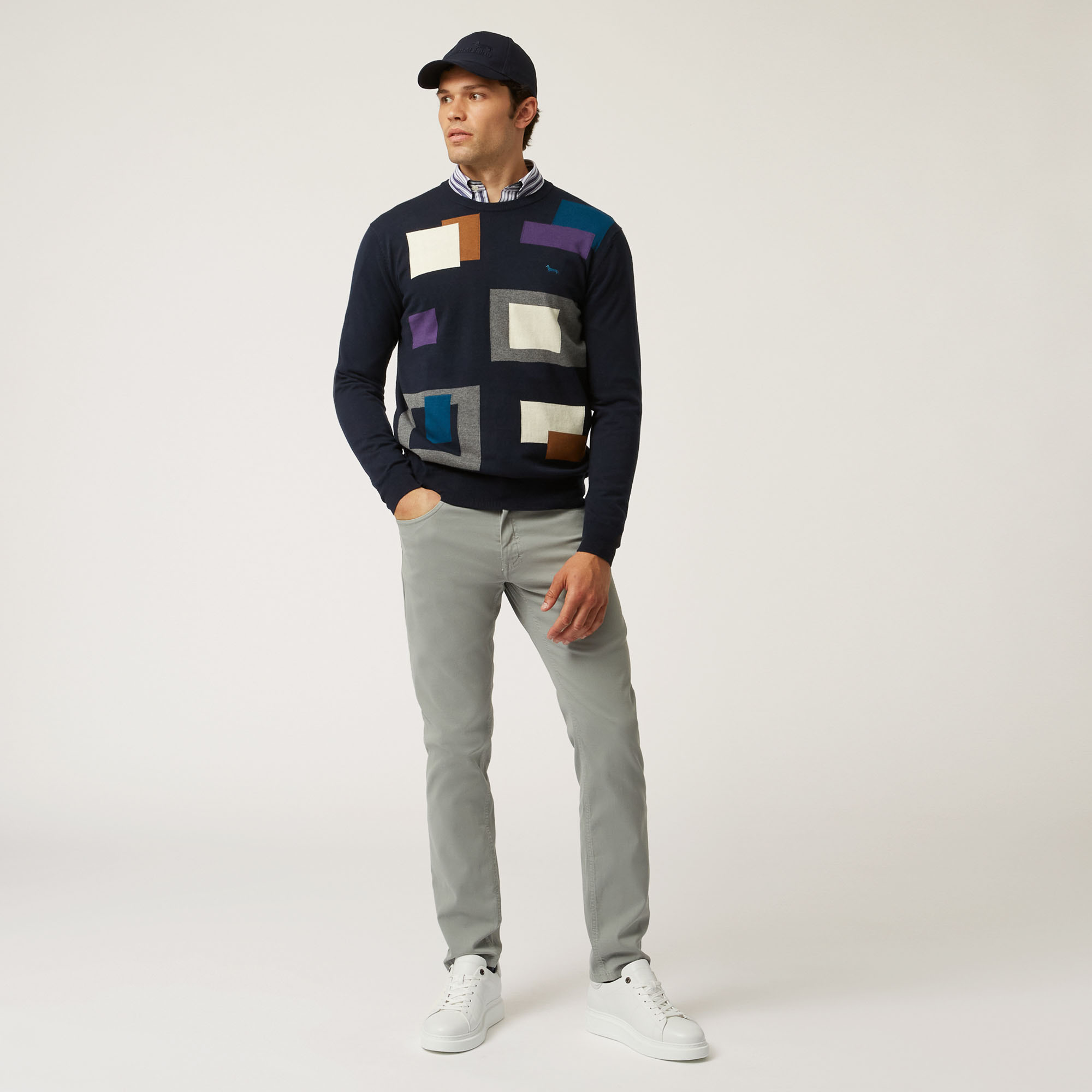 Pullover Girocollo In Lana E Cotone Con Dettagli Geometrici, Blu Navy, large image number 3