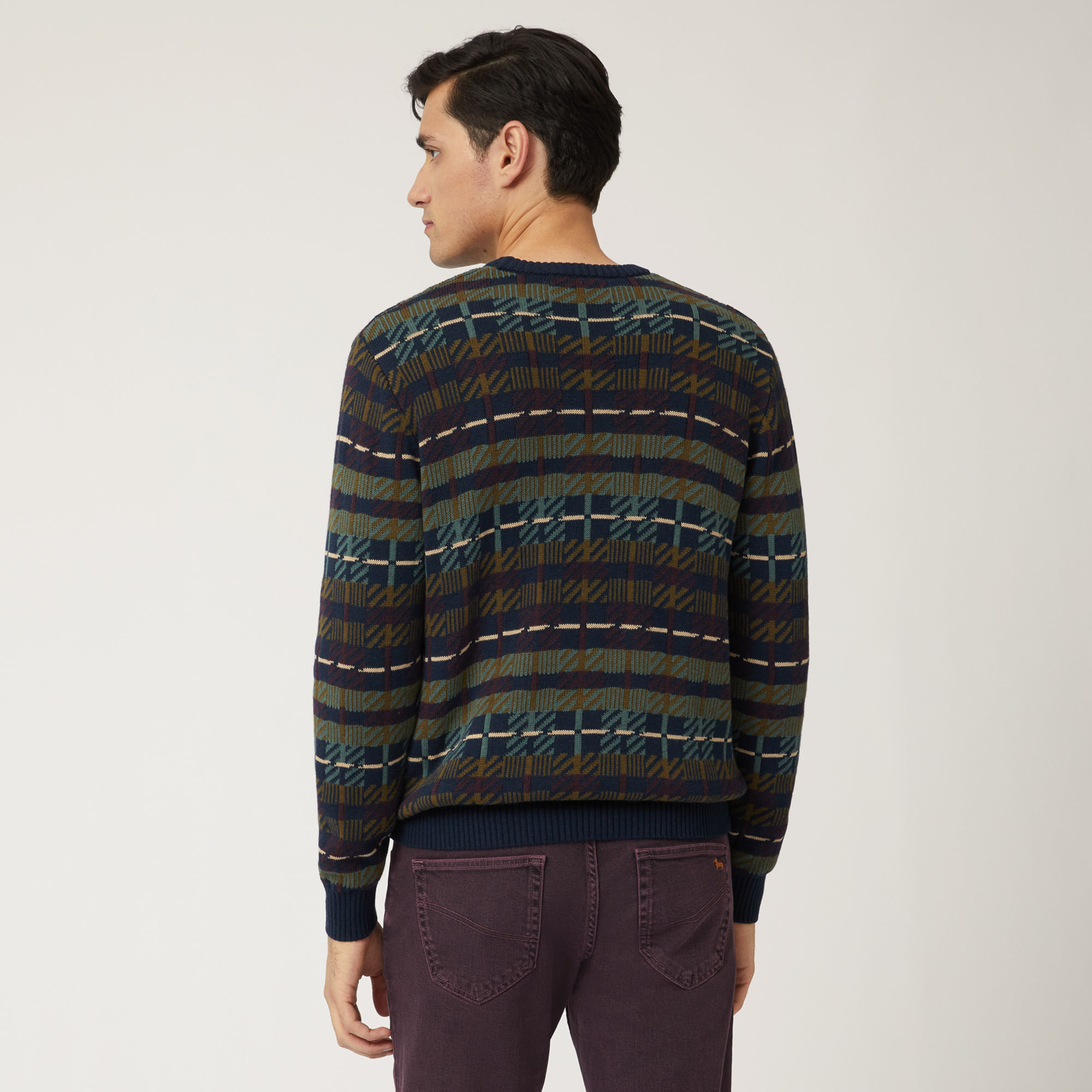 Pullover Girocollo In Lana E Cotone Con Fantasia All-Over, Blu Navy, large image number 1