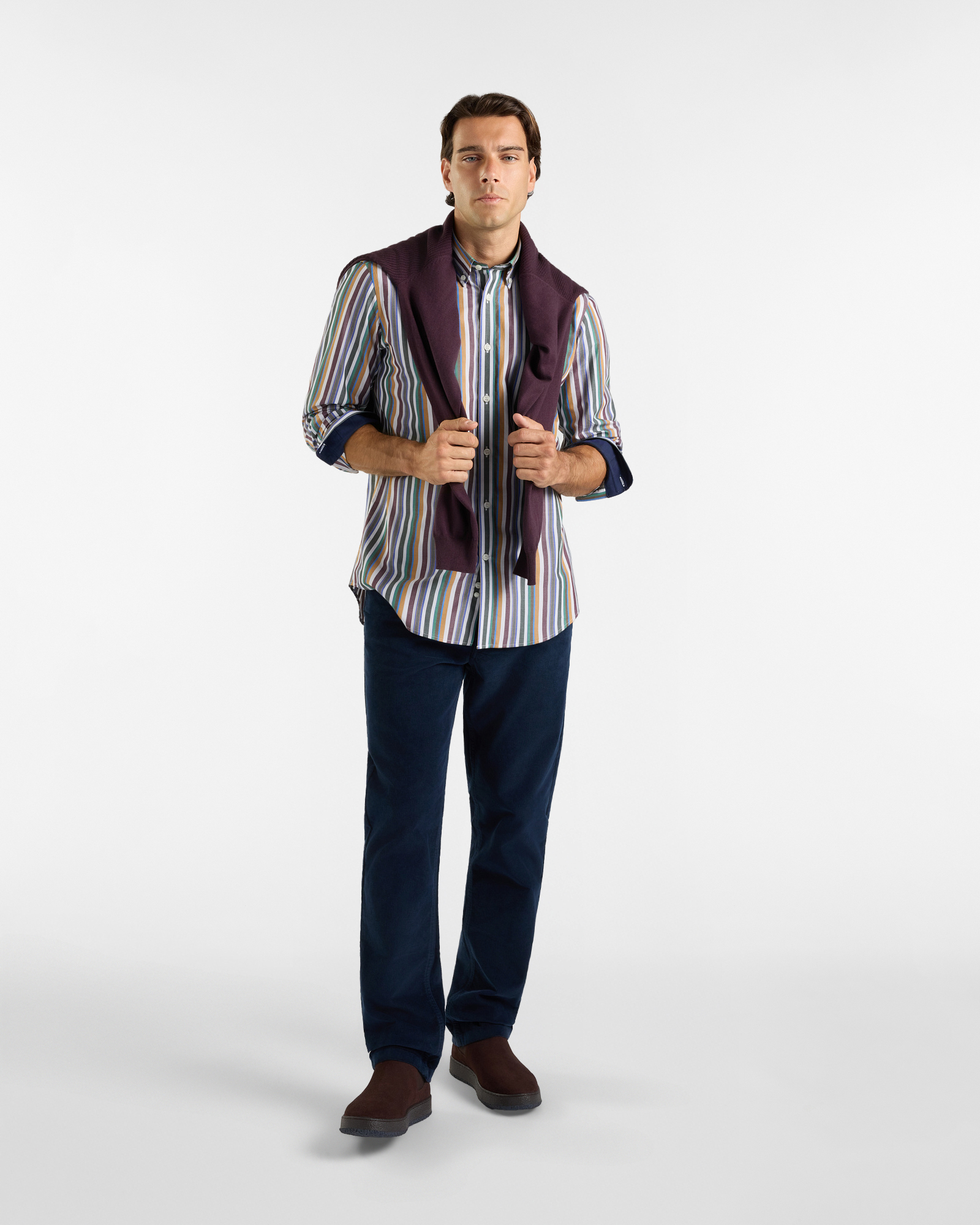 Camicia HBJ Uomo Regular Fit con collo Montecarlo in puro cotone a righe, PRUGNA, large