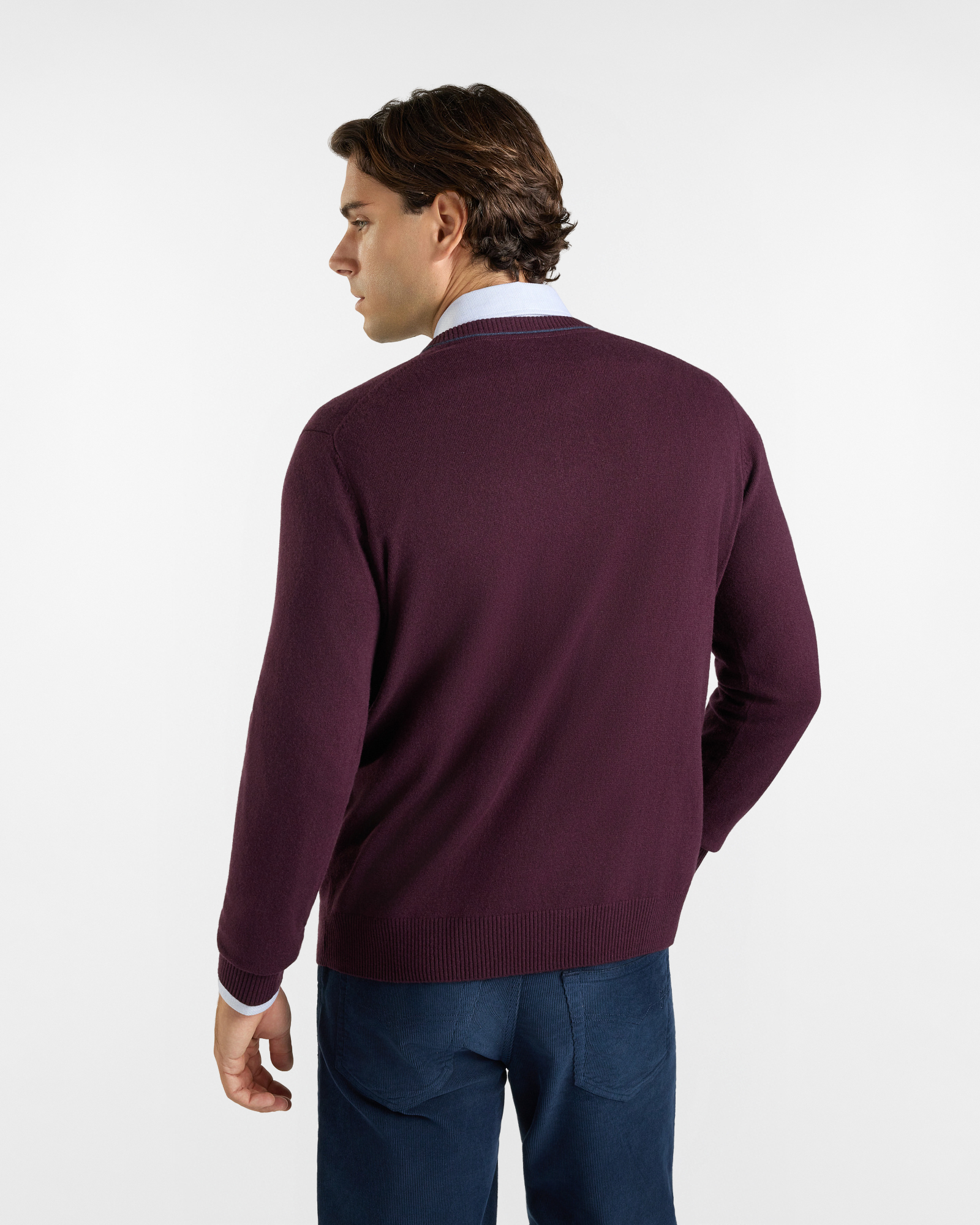 Maglia HBJ Uomo in Punto Cardato con Scollo a V in Misto Lana e Cashmere, PRUGNA, large