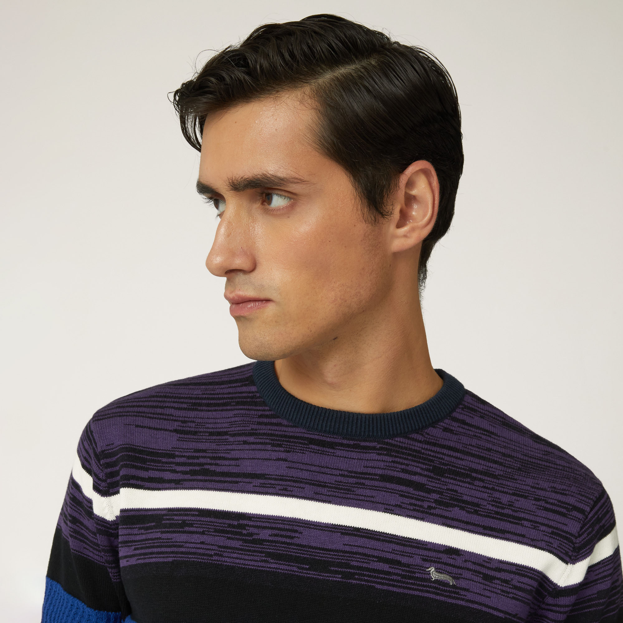 Pullover Girocollo In Lana E Cotone Con Bande Orizzontali, Blu Navy, large image number 2