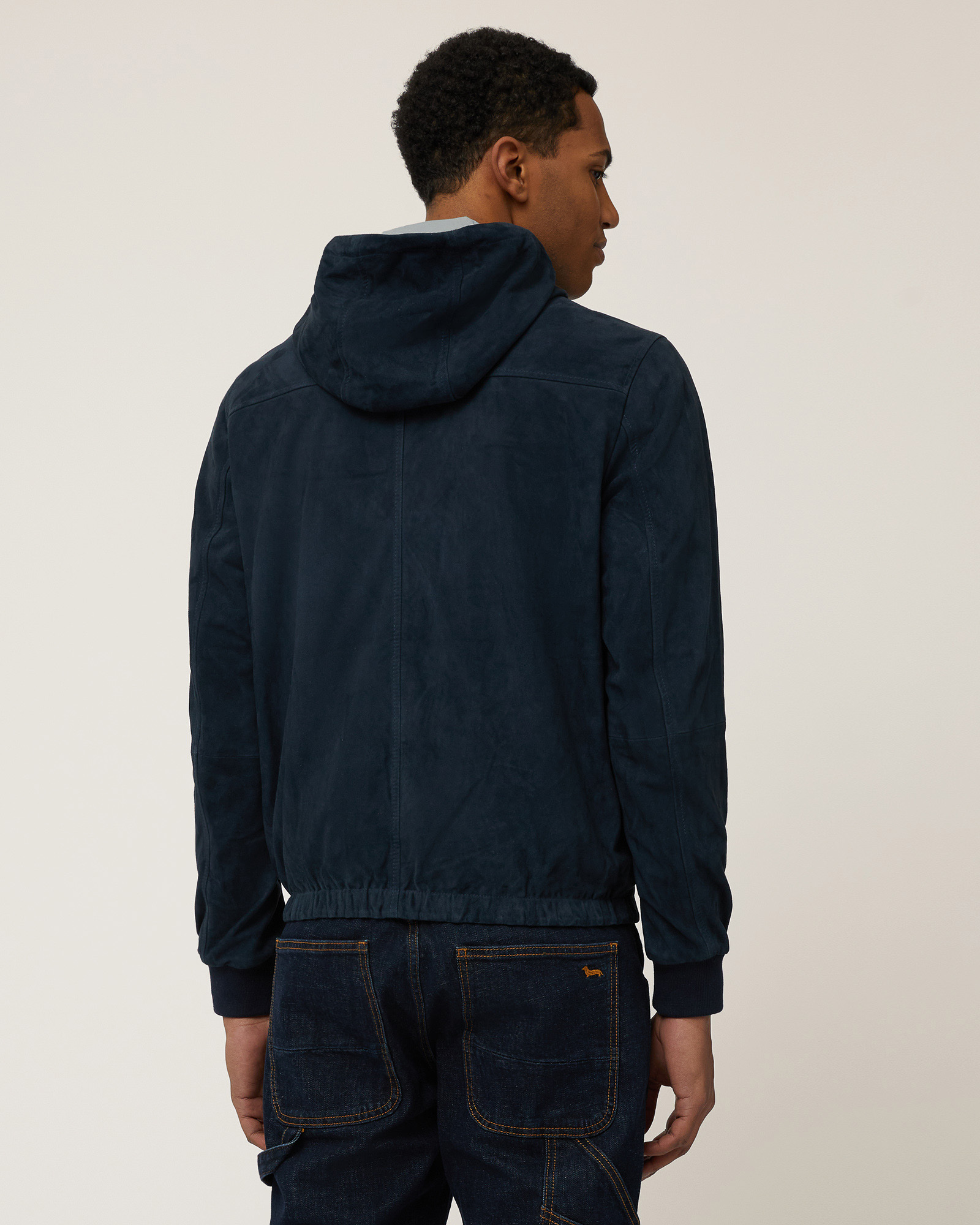 Leather and Nylon Bomber Jacket, Navy Blue, large image number 1