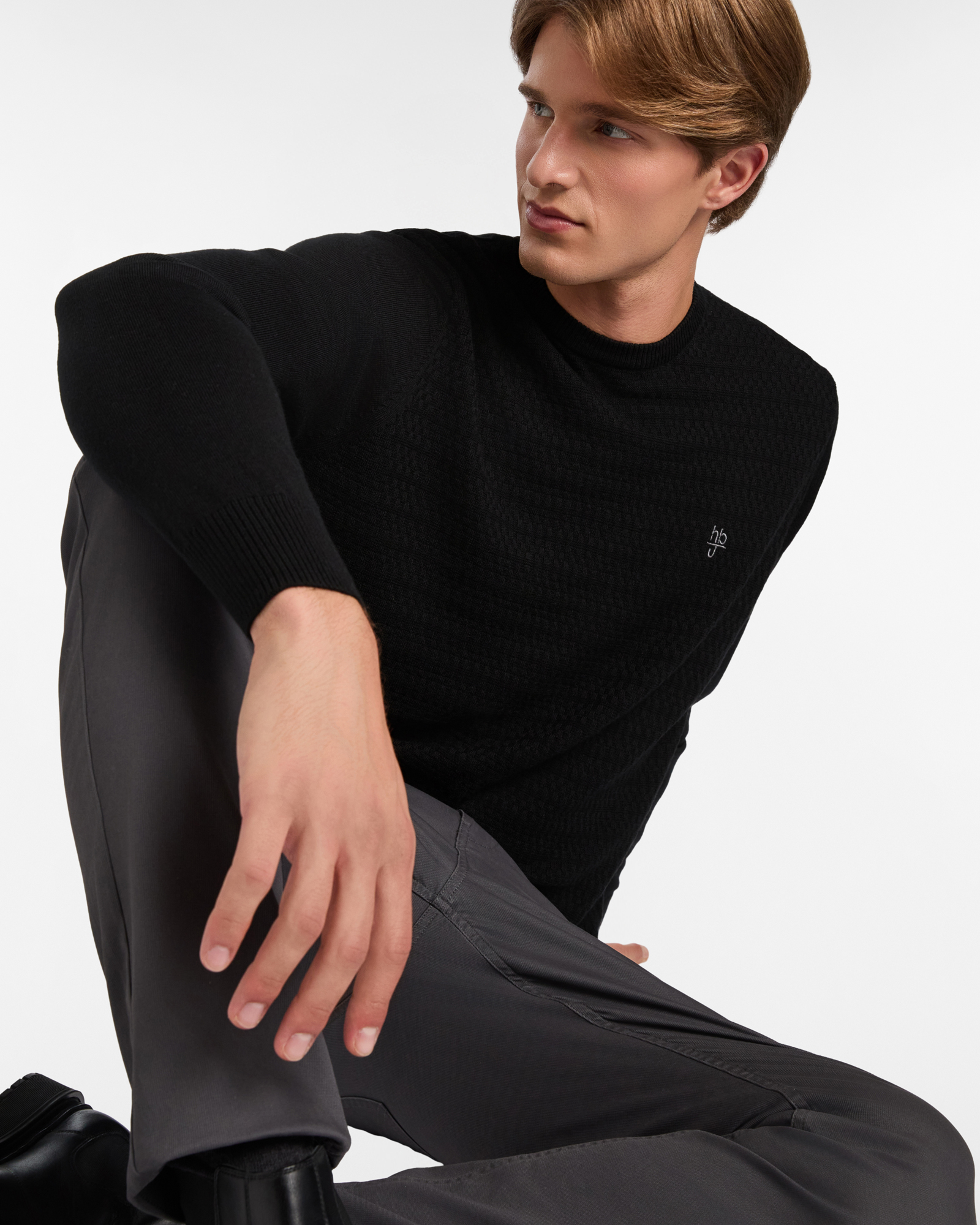 Maglione Girocollo in Lana Merino con Lavorazione Jacquard, Nero, large image number 2