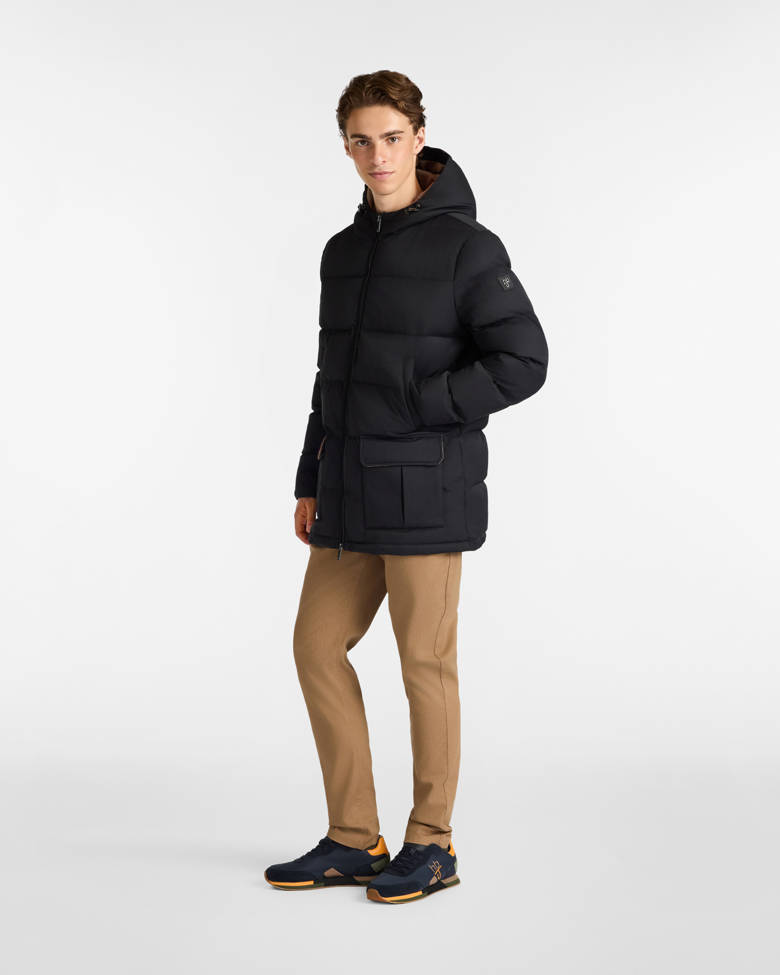 Long Quilted Down Jacket with Hood and Velvet Interior Details, Black, large image number 3