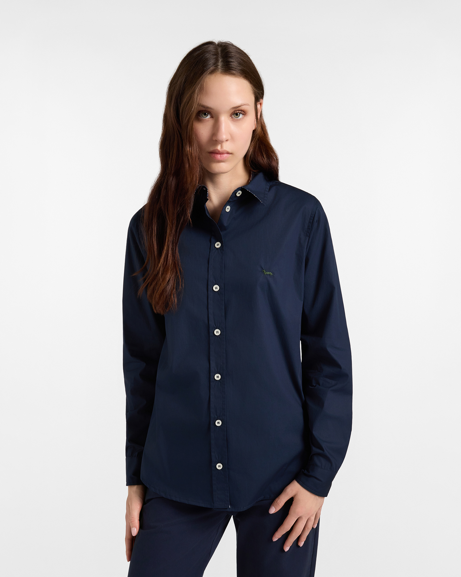 Women's solid dark blue shirt with tie fabric details