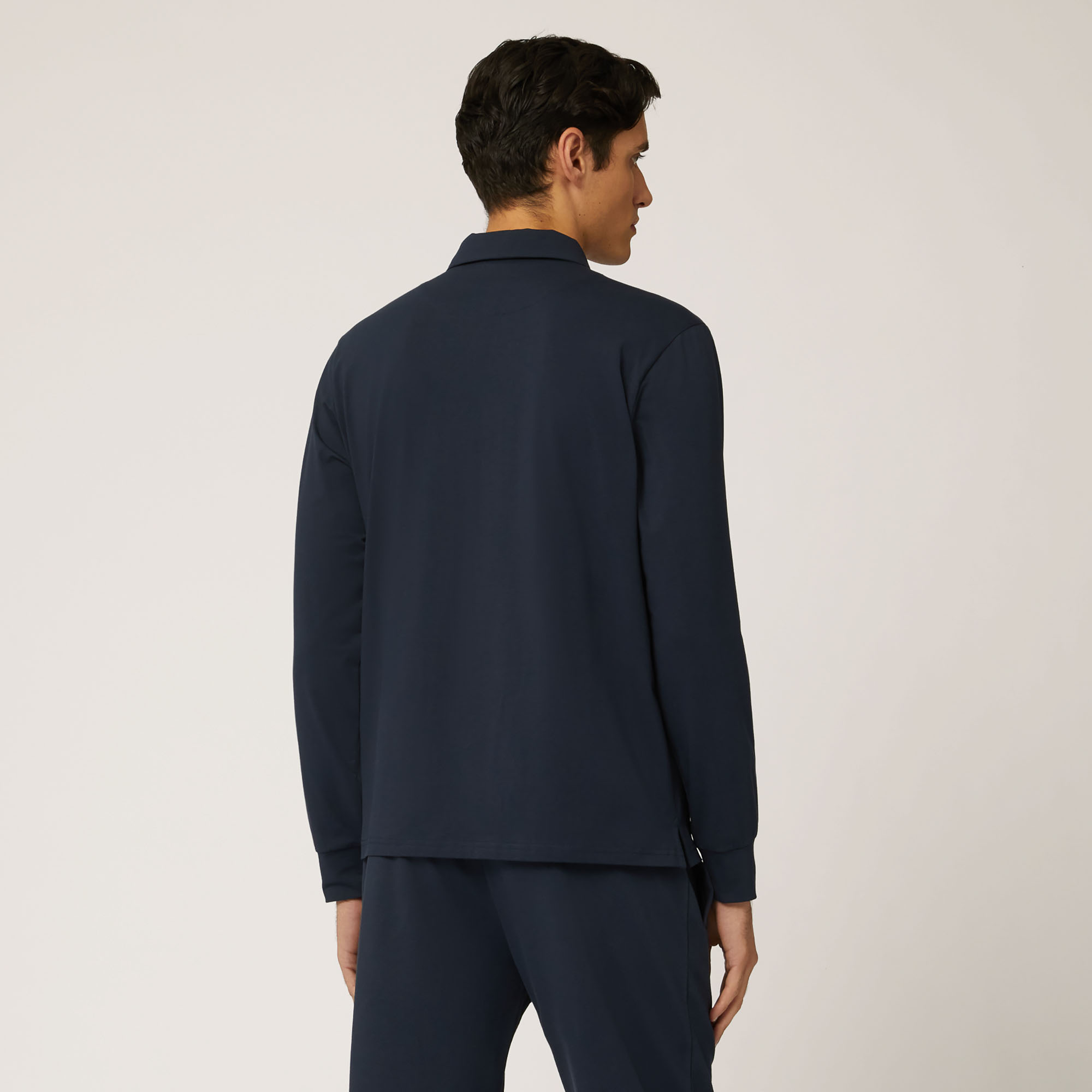 Polo A Maniche Lunghe In Cotone Stretch Con Taschino, Blu Navy, large image number 1